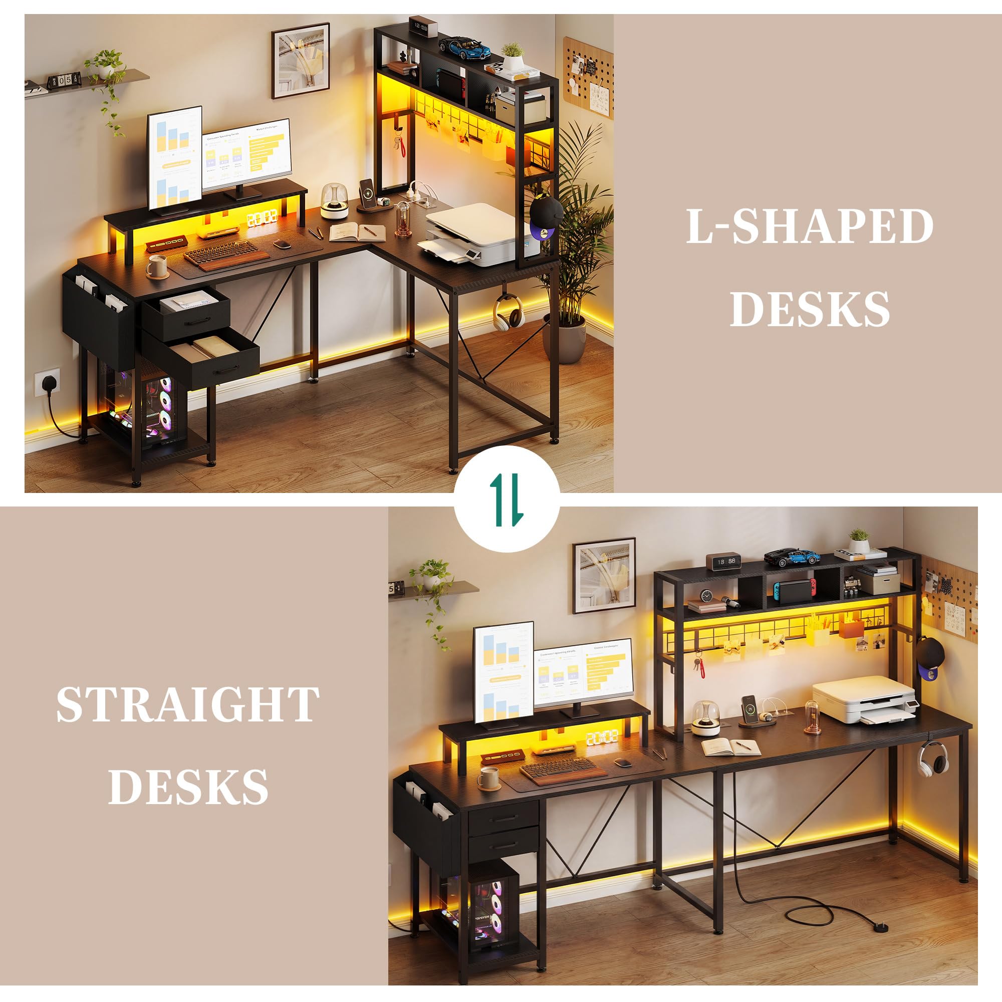 YITAHOME 150cm Gaming Tisch L Form Steckdose LED USB Schubladen Schwarz | Reversibler Eckschreibtisch, Regale, Monitorständer, RGB LED, Holzplatte Metallrahmen, Schreibtisch Home Office Studium