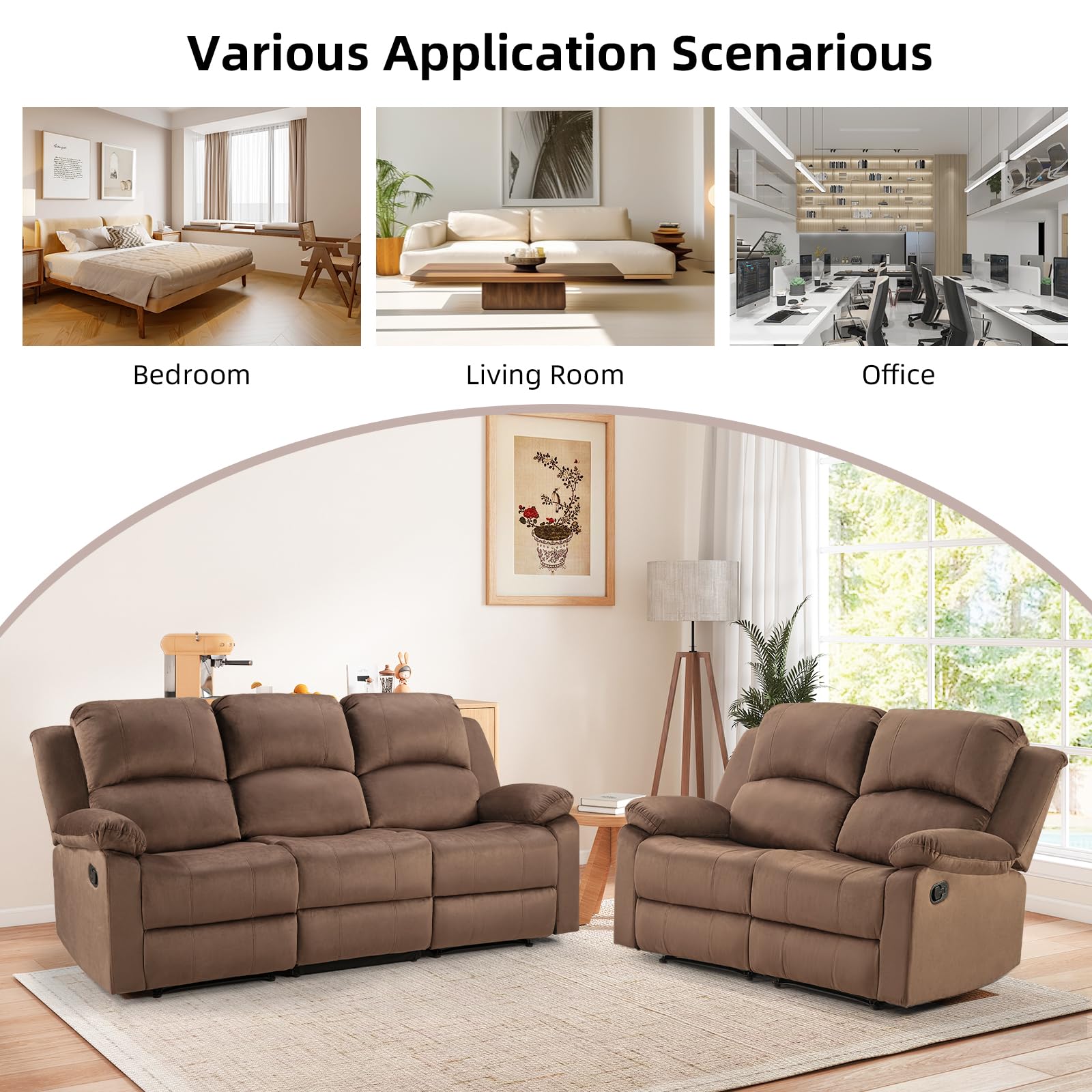 EBELLO Manual Reclining Couch Set for Living Room, Include 1 Loveseat, 3 Seat Sofa, Modern Microfiber Recliner Sofa Furniture Set for Home and Office, Brown view 6