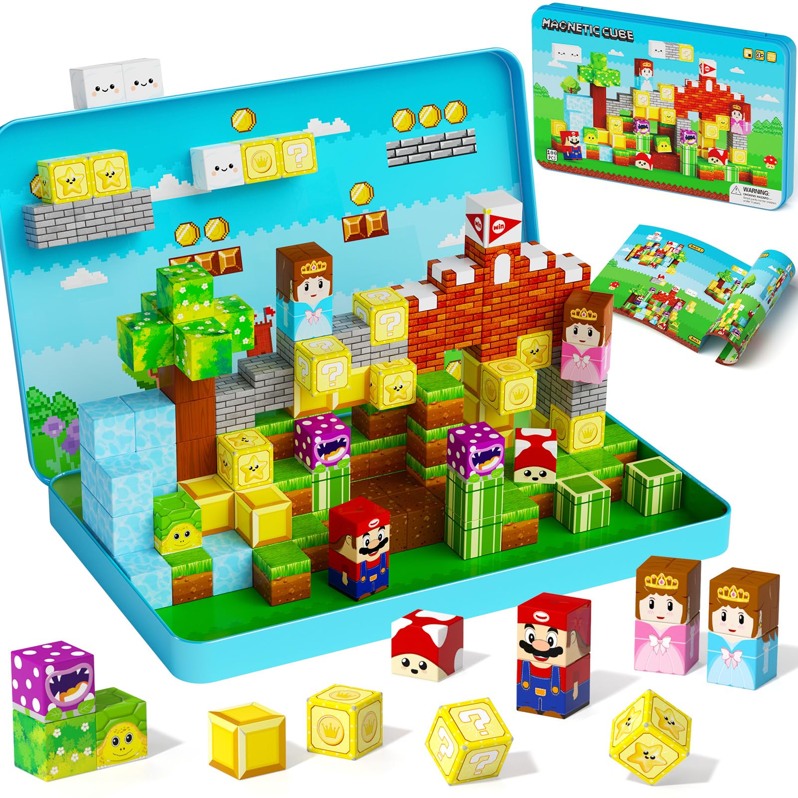 Blocs magnétiques de Voyage pour Enfants : 100 Cubes magnétiques Avec boîte en métal, 90 Minutes de Concentration pour la Voiture ou l'avion, pour garçons et Filles de 3 à 8 ANS