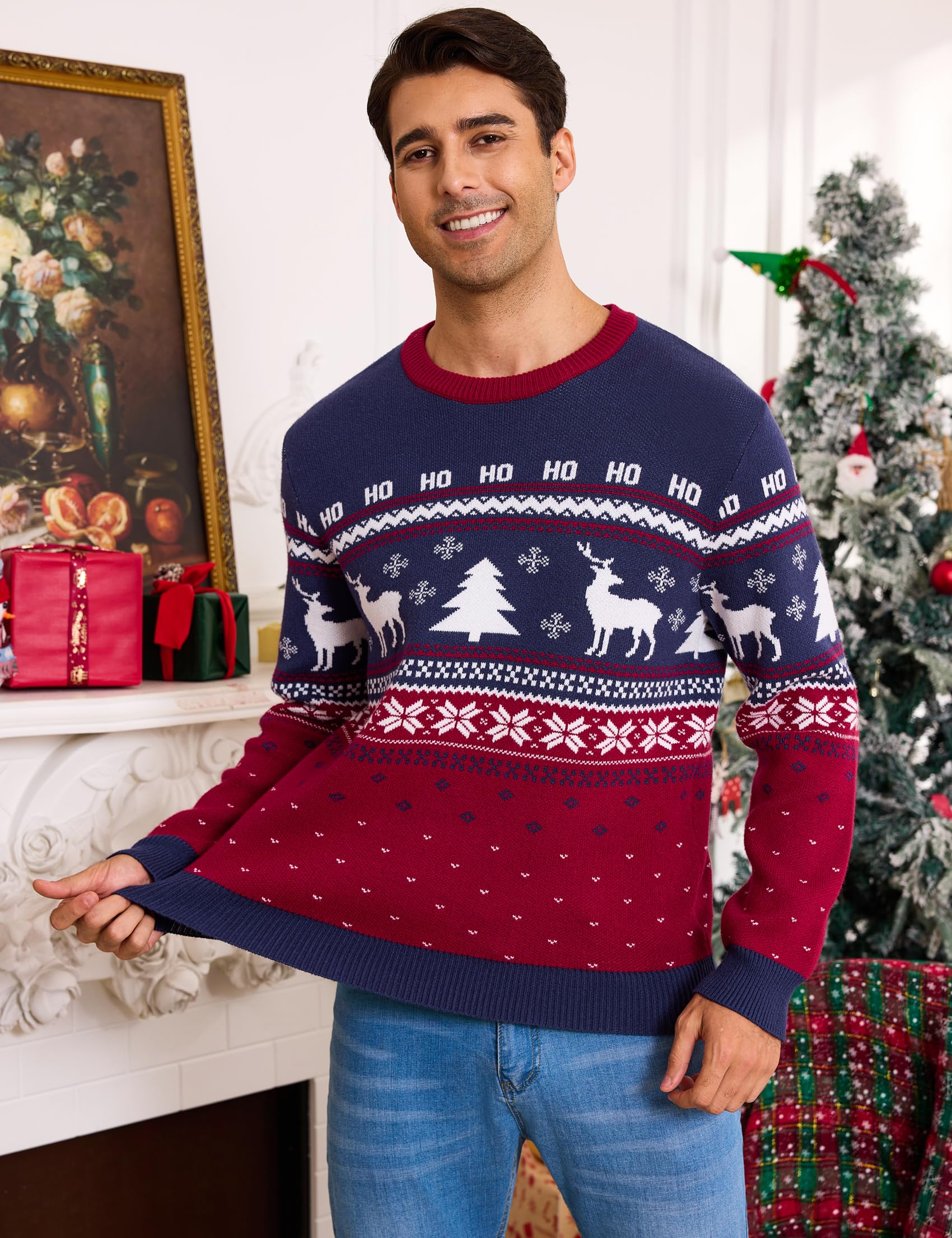 Jersey Navideño Cuello Redondo para Hombre Suéter de Manga Larga Cálido Reno Pullover de Punto Tallas S-XXL