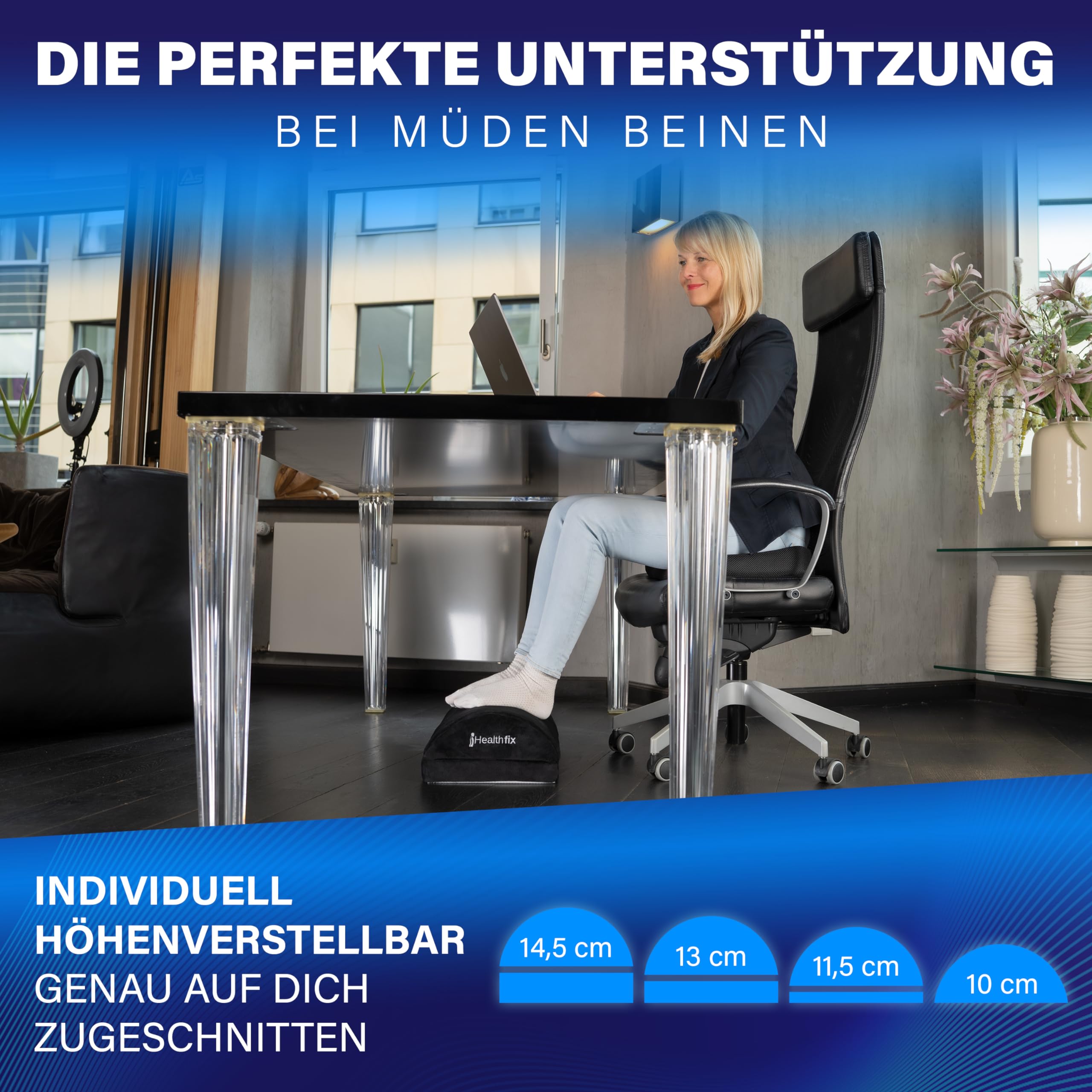 Healthfix® Ergonomische Fußstütze für Schreibtisch & Co. | Verbesserte Sitzhaltung durch höhenverstellbarer Fußablage mit Integrierter flauschigen Fußtasche | Ideal für Büro und Homeoffice