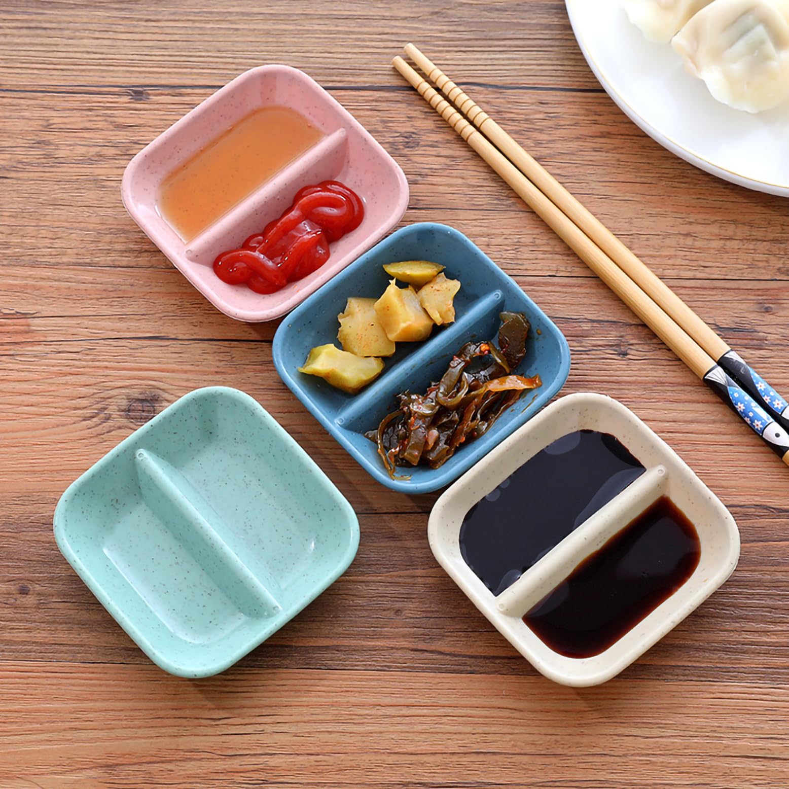 P-PLUS INTERNATIONAL Wheat Straw Dipping Bowls Soy Sauce Dish & Bowl, Small Serving Bowls for Side Dishes, Cat Dish, Mini Appetizer Plates for Condiment, Sushi, BBQ, Ketchup (9cm, Beige, Set of 18) 3