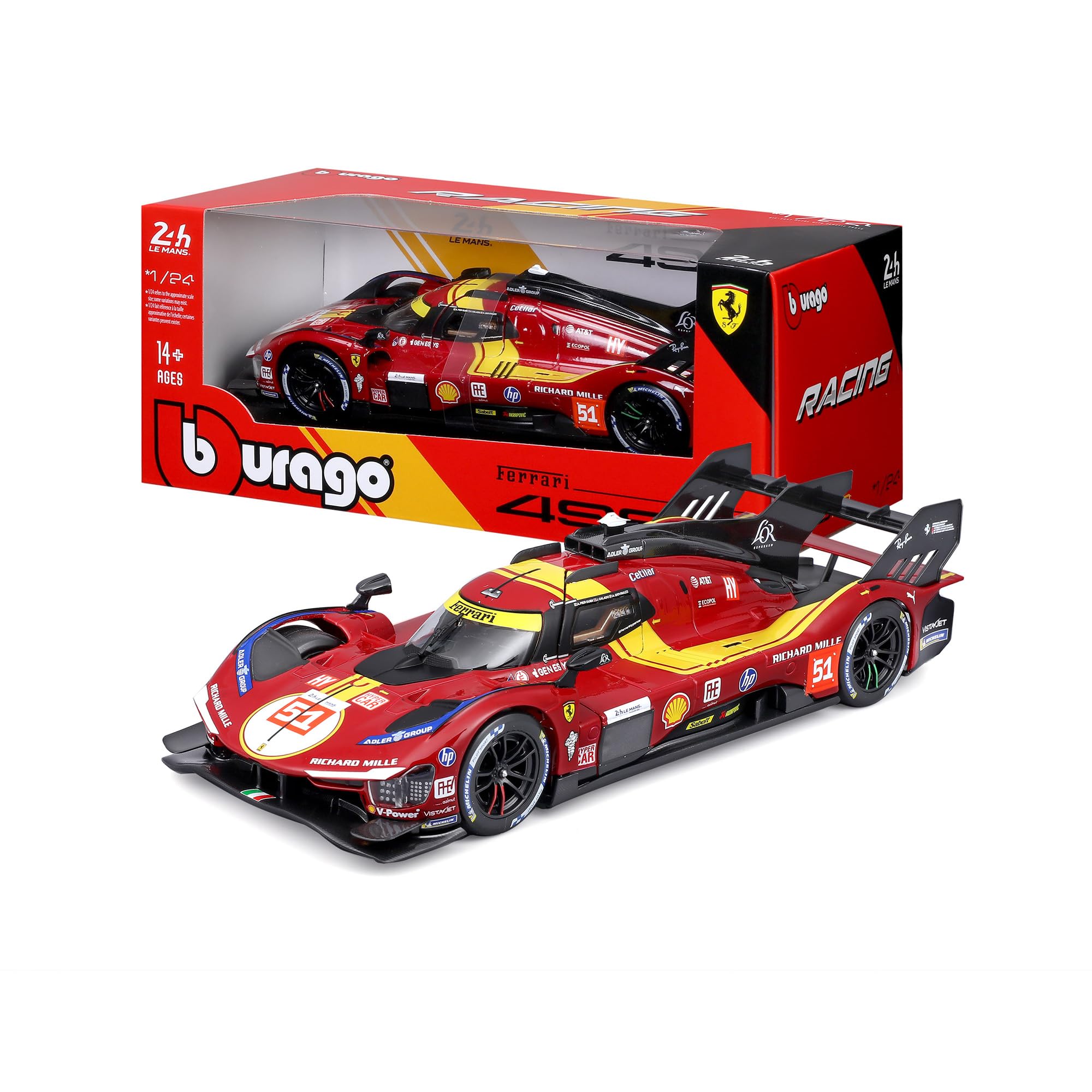 Bburago - Ferrari 499P 24H LMS Hypercar 2025#51, 1:24 Scale Diecast Car, Detailed Replica of the Le Mans Star, Opening Doors, Officially Licensed by Ferrari, Recommended Age 14+