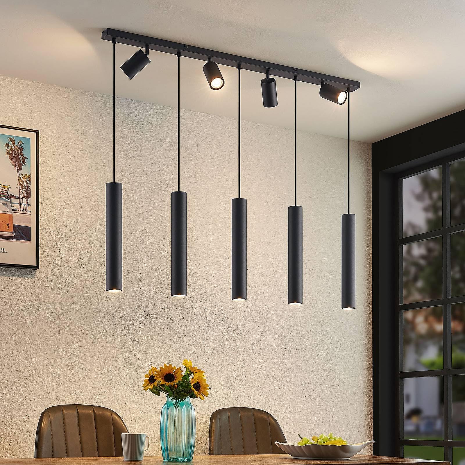 Lindby Lampada a Sospensione 9 Luci Nera 116 cm, Lampadario con Faretti Orientabili e Pendenti Cilindrici GU10 Moderne Lampade Sospese per Cucina Sala da Pranzo Soggiorno