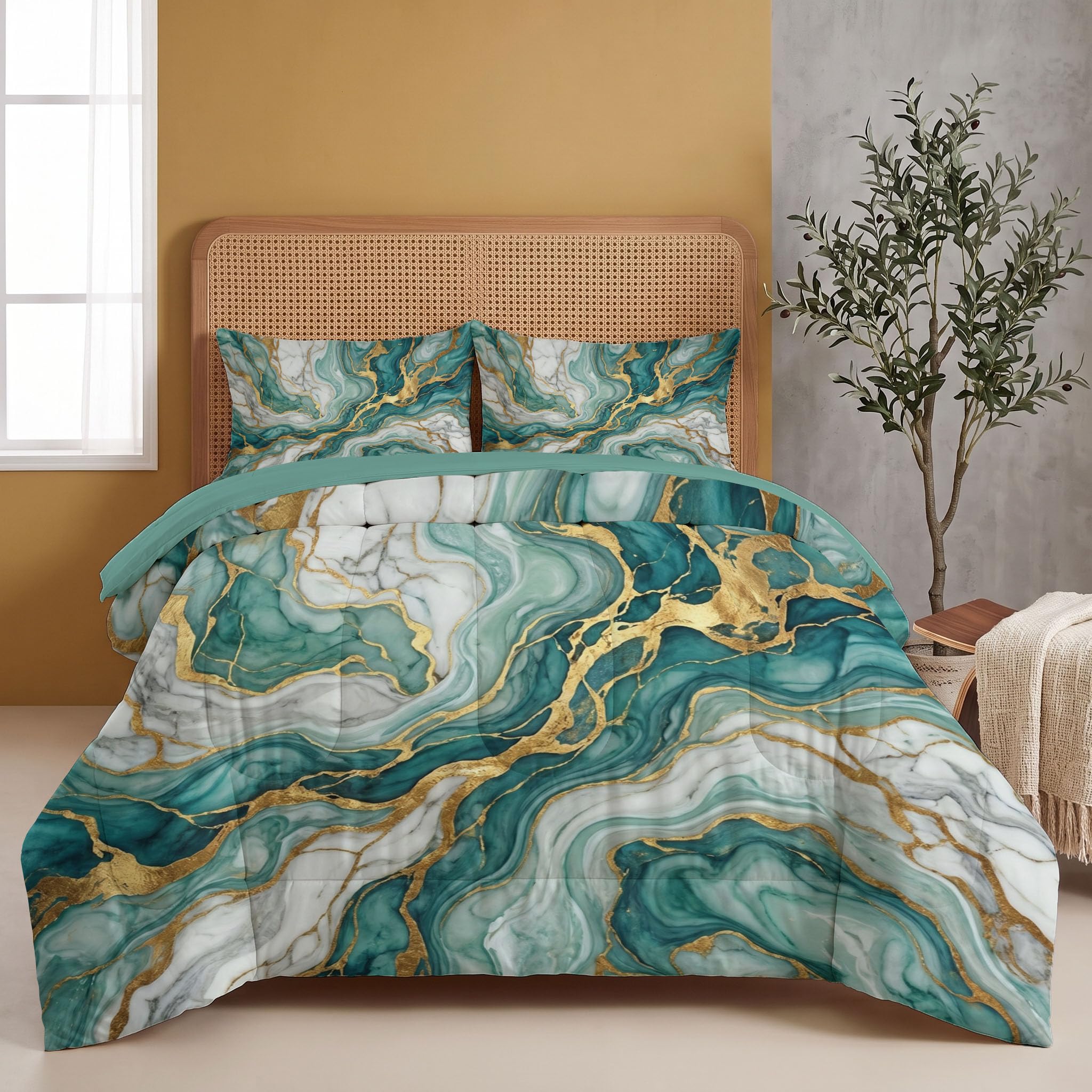 Vergoldet Marmor Bettdecke 140×200 cm | 4 Jahreszeiten Blattgold Crack Steppdecke mit 1 Kissenbezug 80x80cm, Waschbar Ganzjahresdecke - Grün Gold