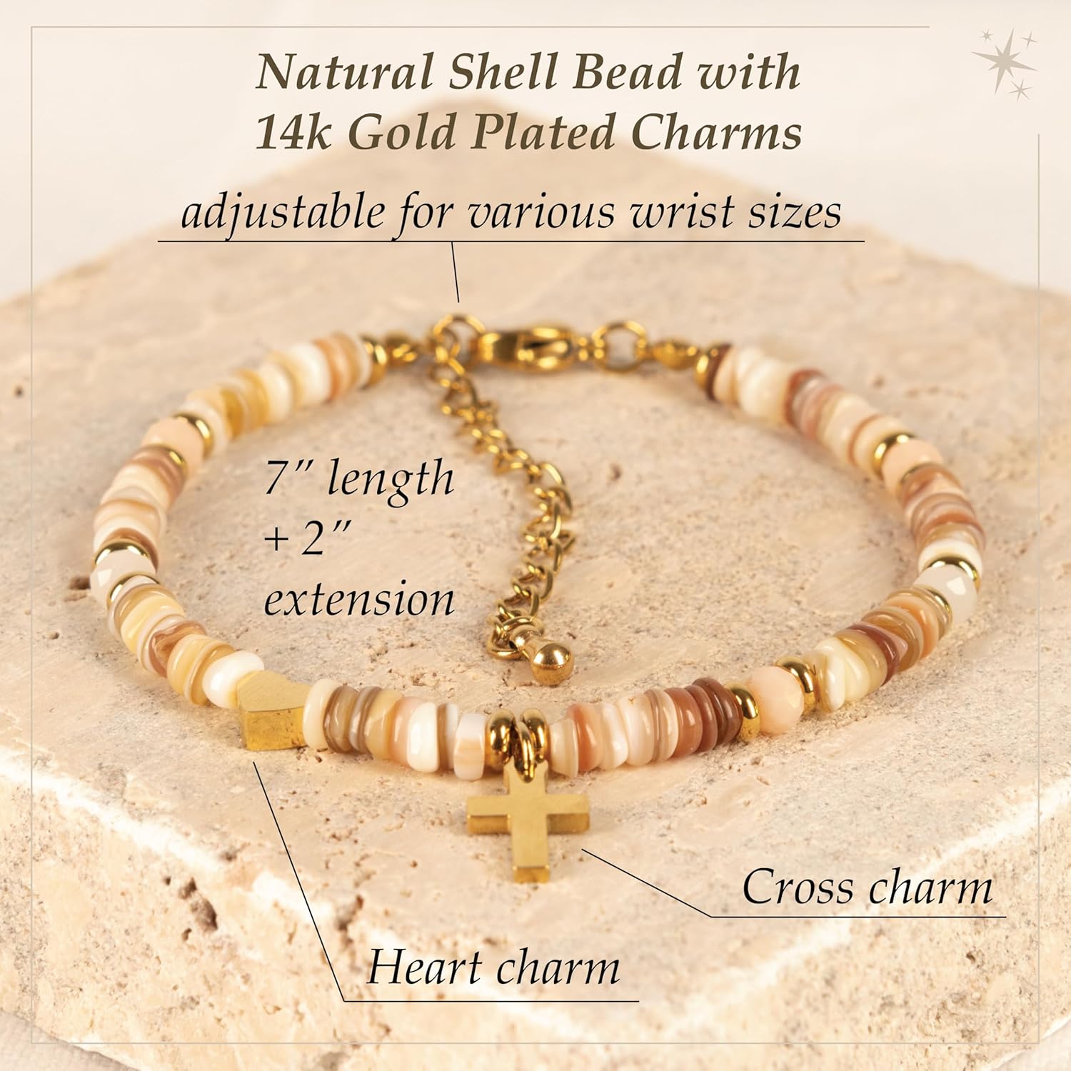 Cross Bracelet for Women, Gold Cross & Heart Christian Bracelet with Natural Shell Beads, Adjustable Christian Jewelry for Women, Spiritual Gifts, Christian Bracelets for Women with Gift Box - Image 2