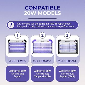 ASPECTEK 20W Bug Zapper Replacement Bulbs - Pack of 2 x 10W, T8 UV Light Tubes for Compatible ASPECTEK 20W Electric Bug Zapper 1-Inch Diameter, 34.5 cm Pin-to-Pin Length