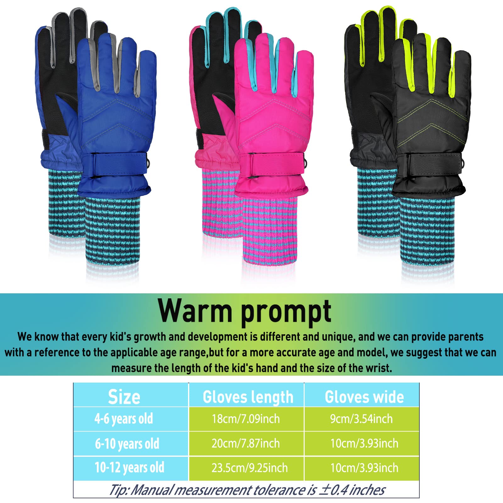 Newcotte 3 pares de guantes de invierno impermeables para niños, guantes de esquí de nieve para niños, guantes cálidos para niños y niñas al aire libre
