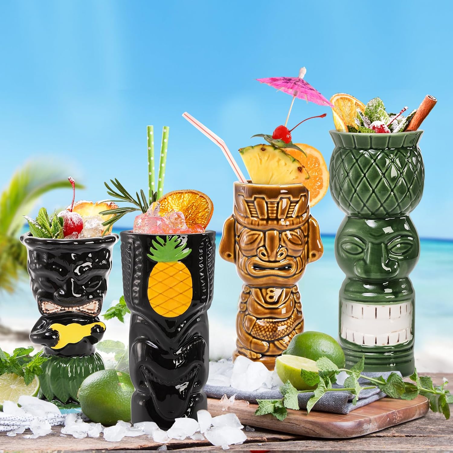 Goaste 4 Pack Ceramic Tiki Mugs, Large Hawaiian Tiki Glasses, Exotic Zombie Drinking Tumbler Cups, Tiki Bar Professional Barware for Cocktail, Mai Tai, Whiskey, Rum, Vodka, Party Decorations