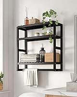 Galood 3-Tier Over Toilet Bathroom Shelf with Towel Bar - Floating Wall Mount Bamboo Storage for Towels, TP & Essentials (Black)