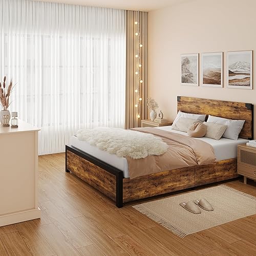 Miniatura 4 de GAOMON Base de cama de tamaño matrimonial con 4 cajones, marco de cama matrimonial con almacenamiento, marco de cama de plataforma de metal con