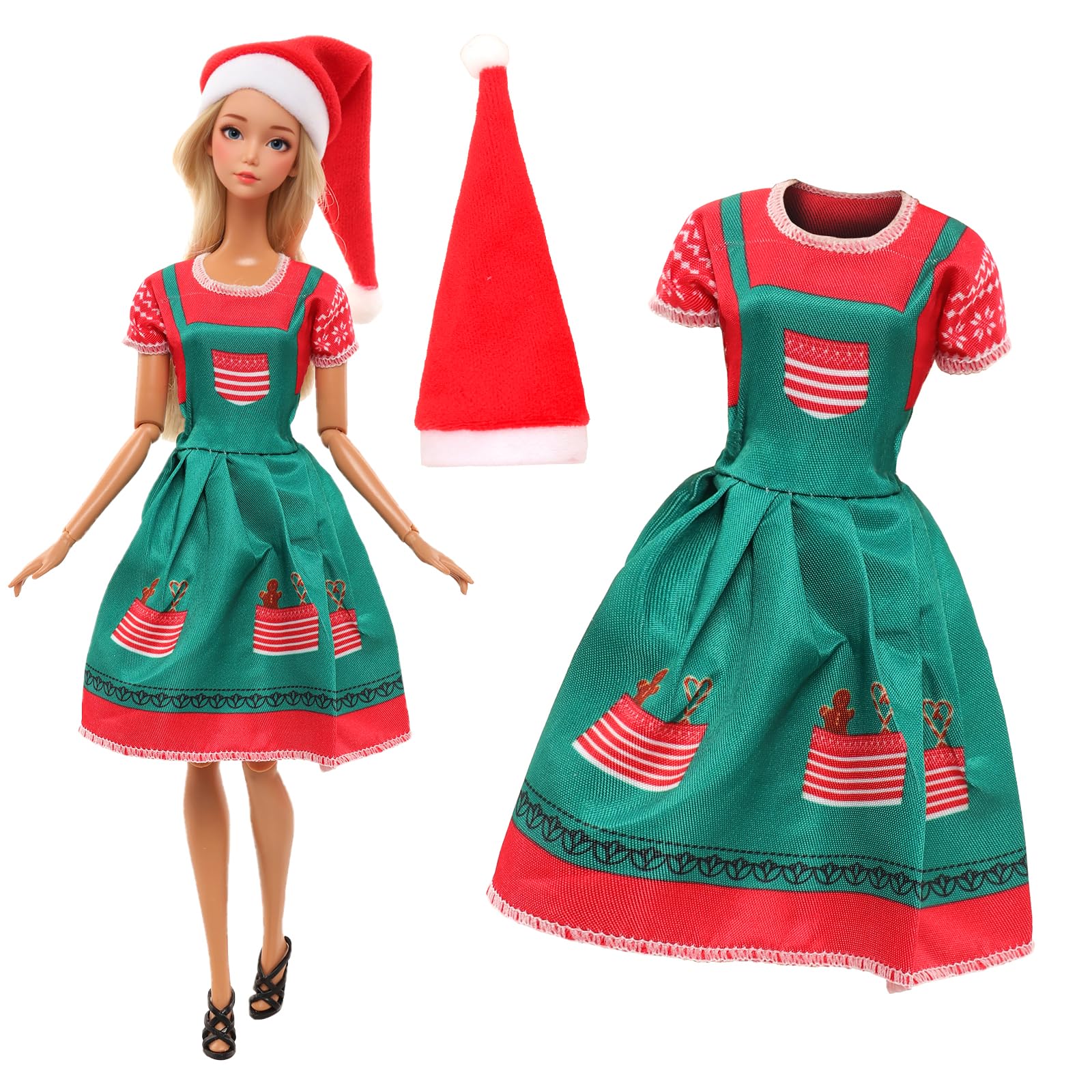 5 piezas de 11.5 pulgadas, vestido de Navidad para niña, incluye sombreros para decoración de casa y muñeca para Navidad, vestido rojo y verde para trajes de muñeca de 11.5 pulgadas 9