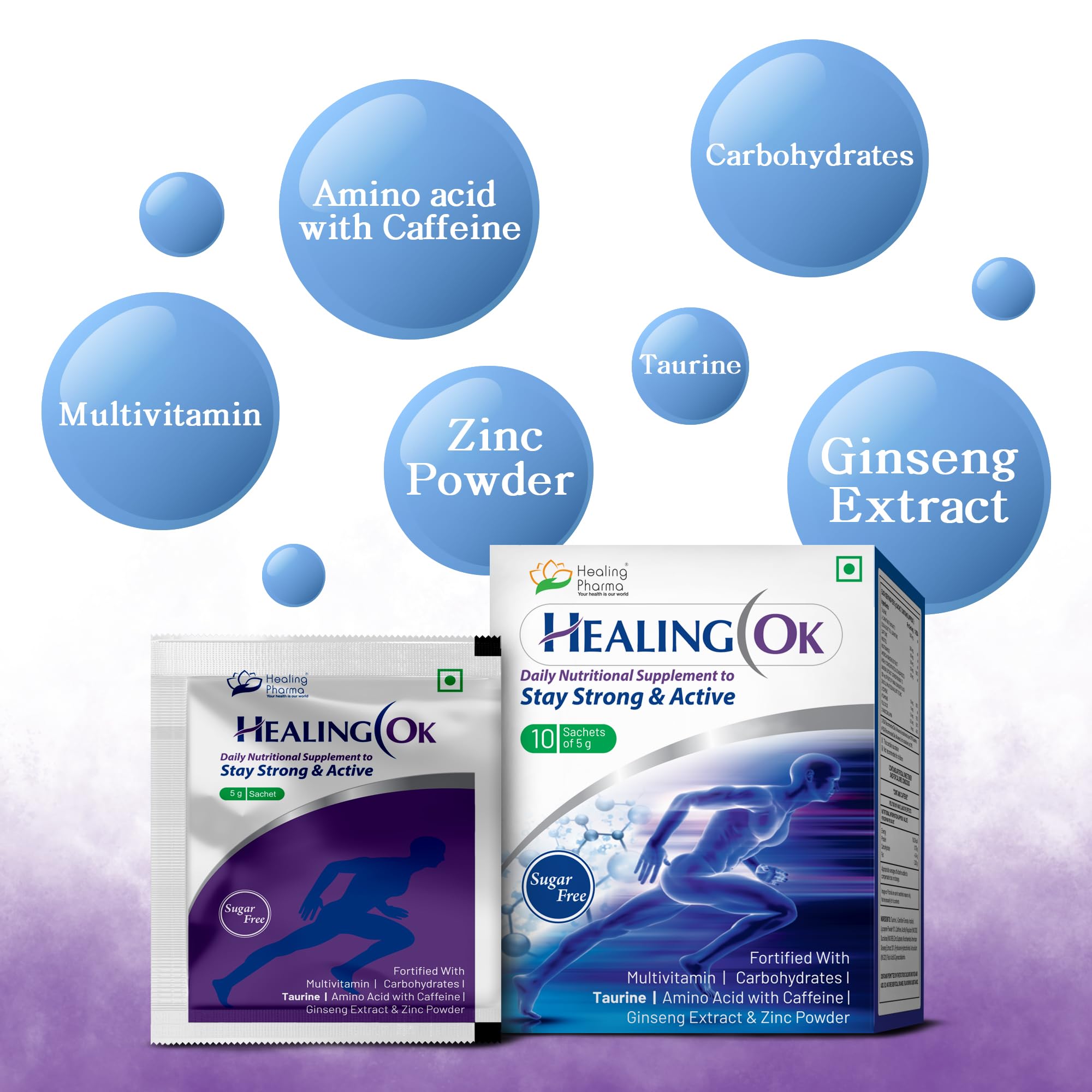 Healing Pharma - Healing OK Taurine, Ginseng, Zinc, Caffeine & L-Carnitine Powder Sachets, Sugar Free | For Strong Immunity & Overall Health | 5g x Pack of 10 1