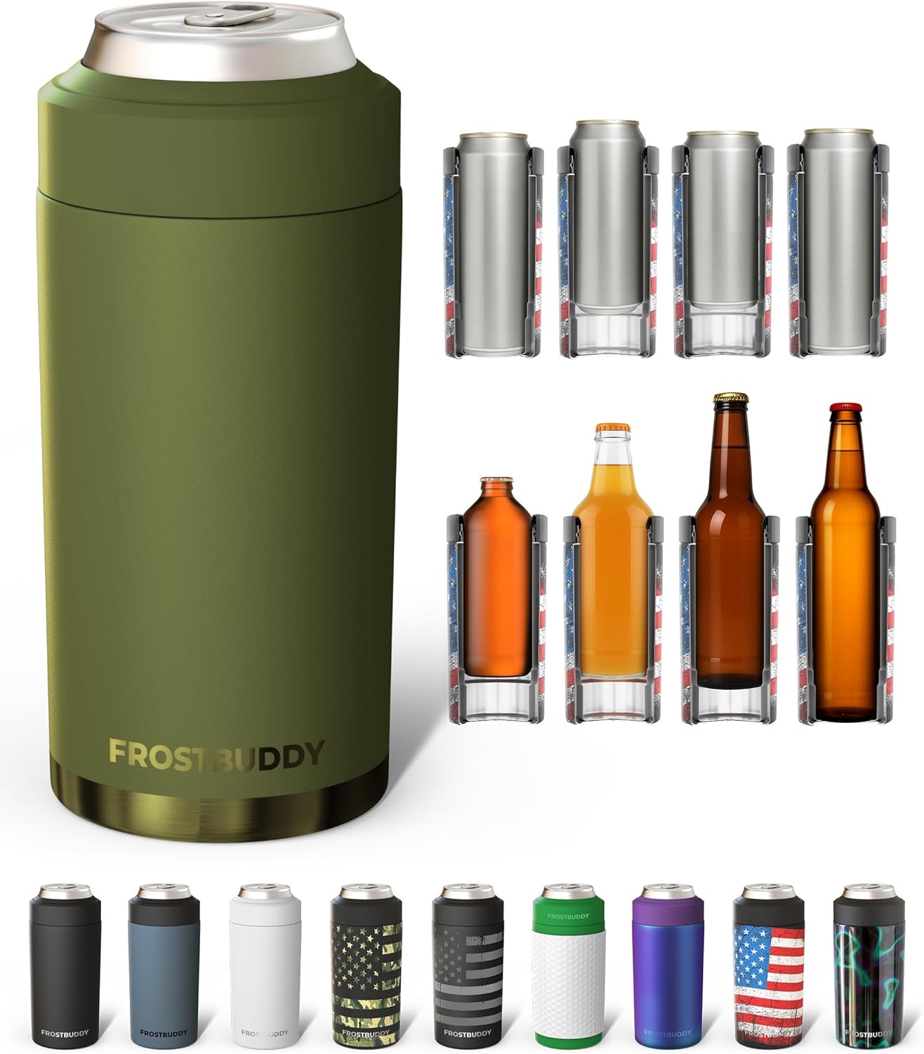 Frost Buddy Universal Buddy Can Cooler - Fits All - For Regular 12 & 16 oz or Slim-Size Bottles - Insulated Double-Walled Stainless Steel (Charcoal)