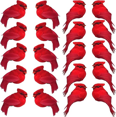 Adornos de Navidad con clip cardenal, decoraciones navideñas, clips plateados, cuerpos flocados rojos con alas de plumas y cola, 20 piezas,