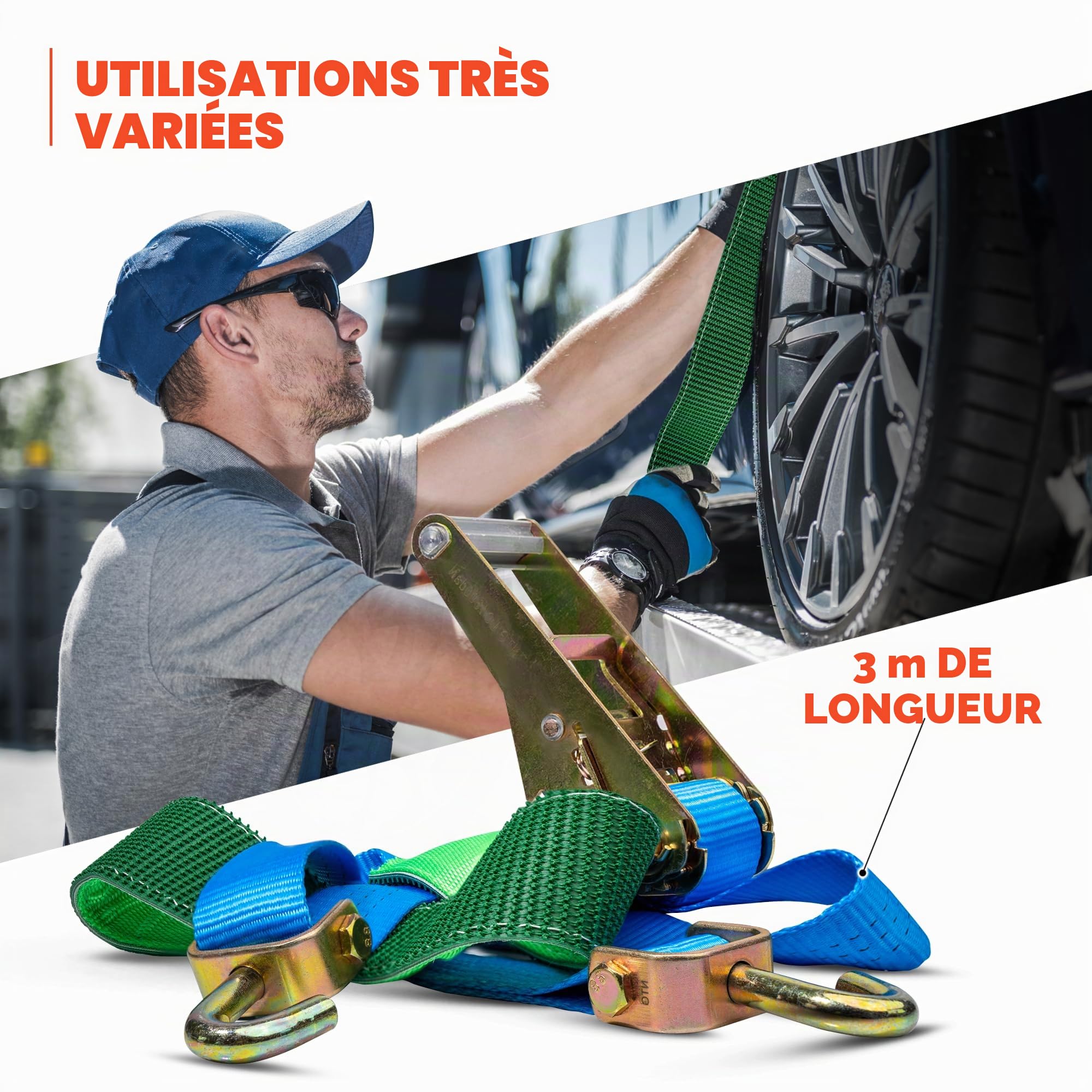 4 Pieces Sangle d'arrimage pour Voiture Sangles de Serrage 3000 KG Longueur 3200 Sangle de Serrage Voiture Sécurisation des Roues Arrimage des Roues 35mm Sangles pour pneus Sangles
