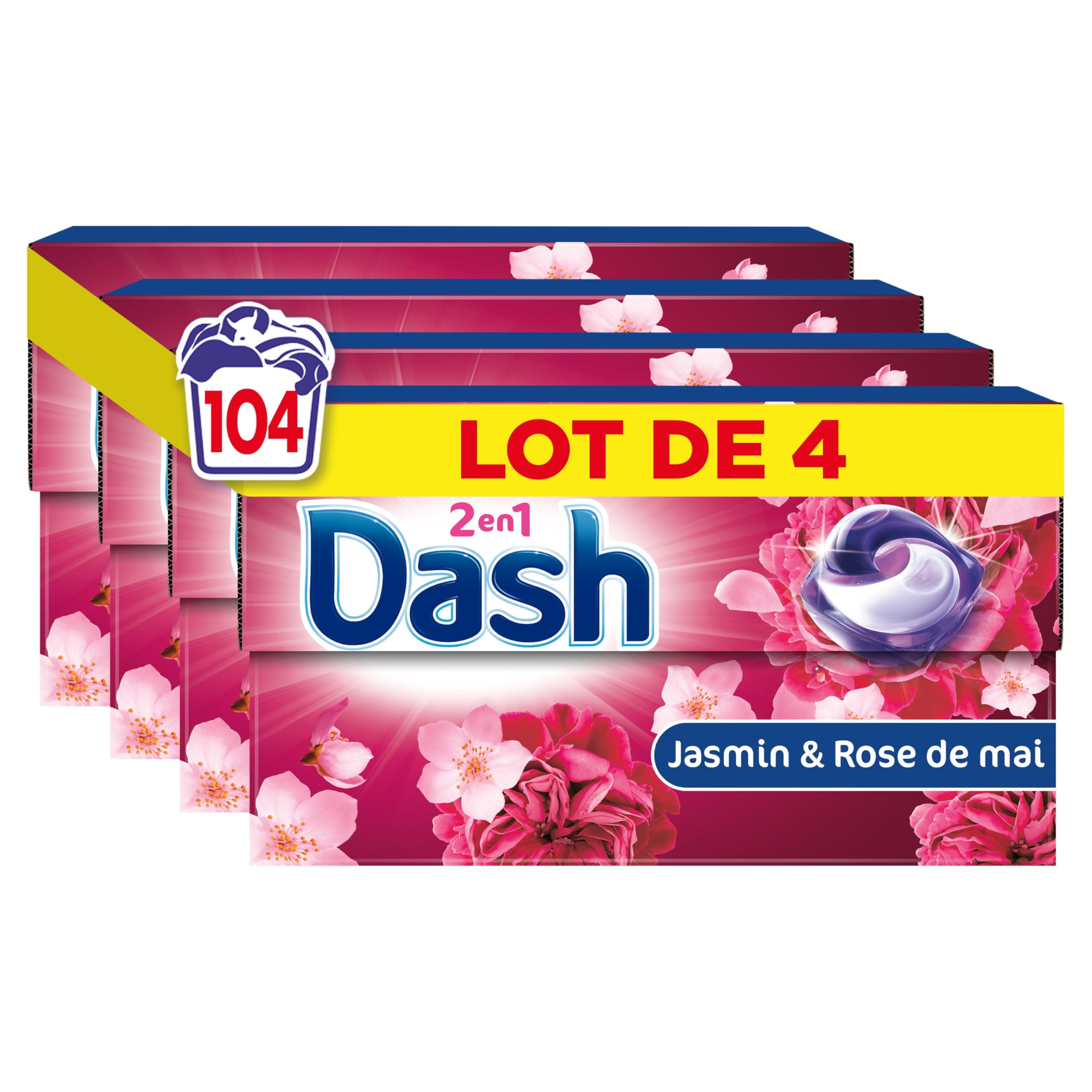 Dash 2en1 PODS, Lessive En Capsule, 104 Lavages (4 x 26 Lavages), Jasmin Et Rose De Mai, 3 SEMAINES DE FRAÎCHEUR* AVEC L’ADOUCISSANT LENOR, Fabriquée En France, Dash 2in1