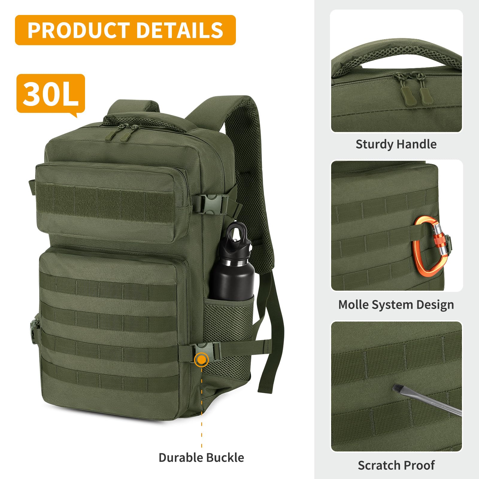 HUNTVP Sac a Dos Militaire, 30L Sacs à Dos de Randonnée Molle Tactique Sac D'assaut Armée pour Trekking, Voyage, Trekking, Camping, Escalade, En Plein Air (30L-Vert)