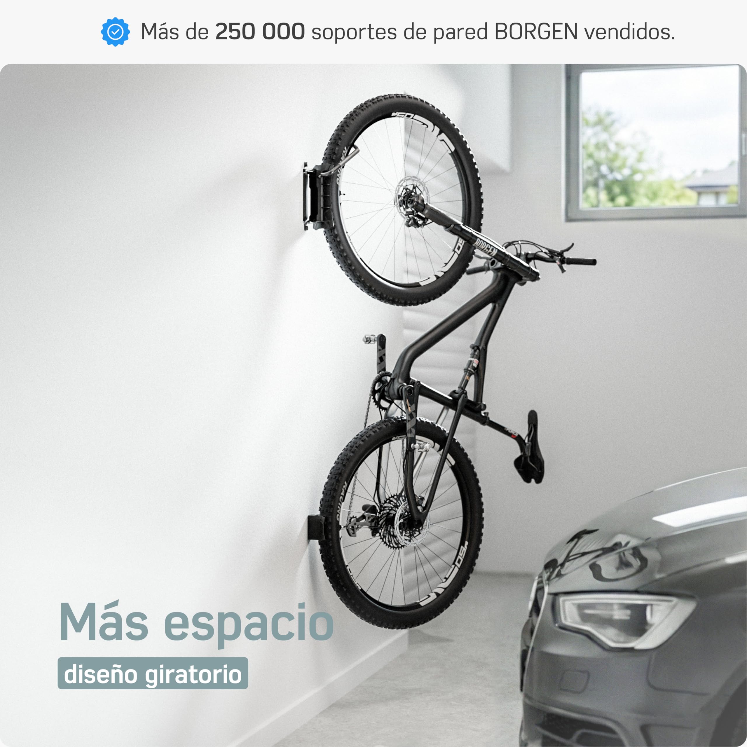 Borgen Soporte Bicicleta Pared Giratorio hasta 35 kg – Soporte Bici Vertical Ahorra Espacio – Incl. Tacos Fischer DuoPower para Montaje Seguro – Embalaje sin plástico