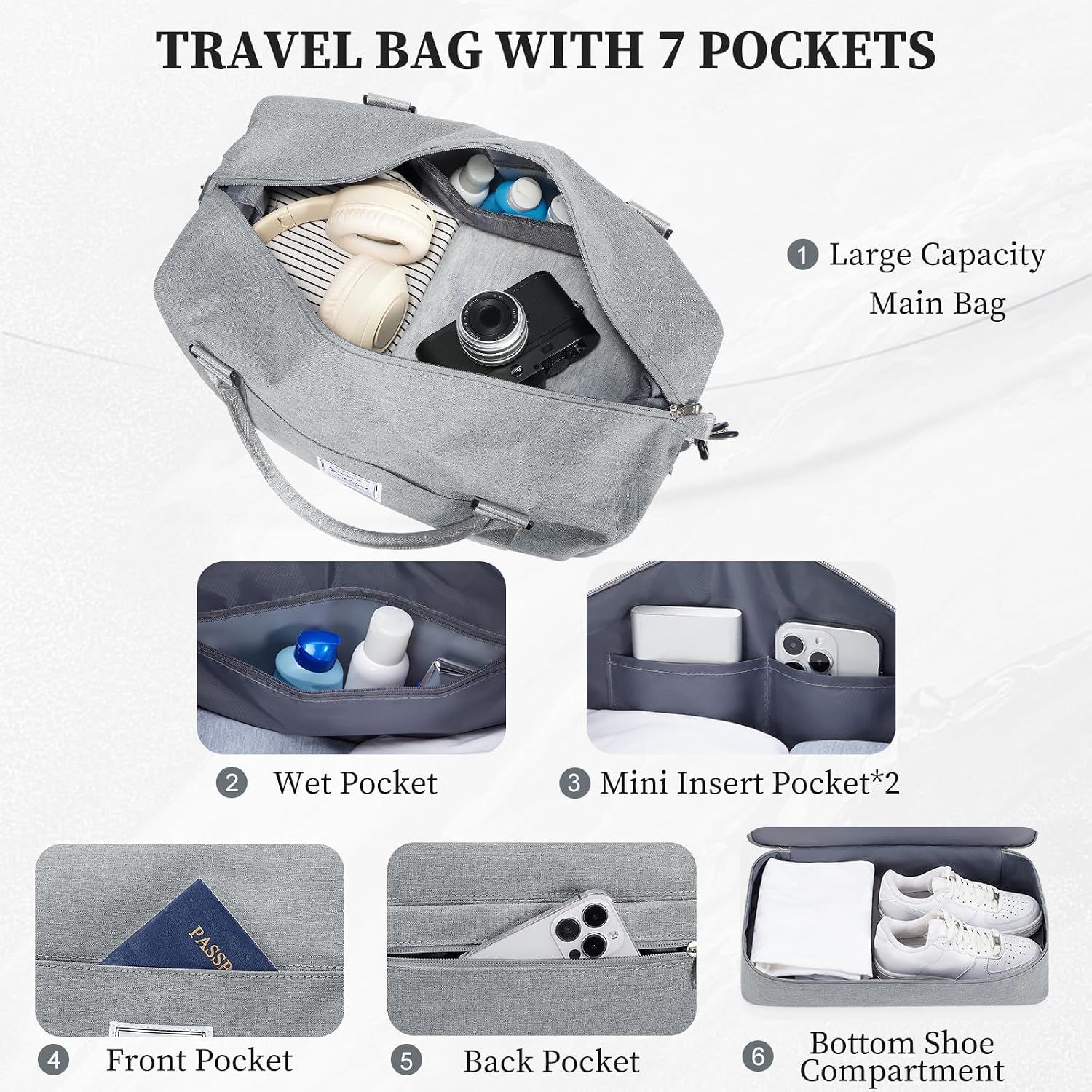 Travel Bag for Men Women, Duffle Bags for Travel, Carry on Weekender Overnight Travel Duffel Bag with Shoe Compartment & Wet Pocket,Grey&White