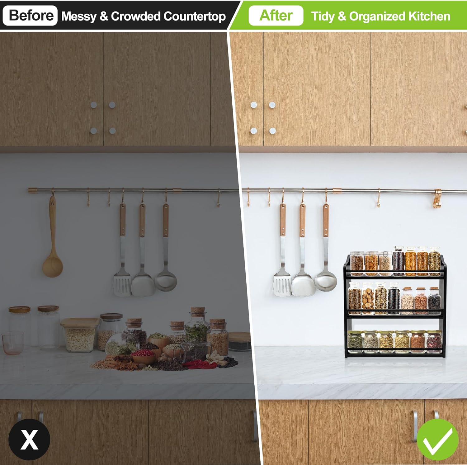 3 Tier Bamboo Spice Rack,Seasoning Jars Rack Shelf Spice Organizer for Kitchen Counter or Wall Mounting (Black)