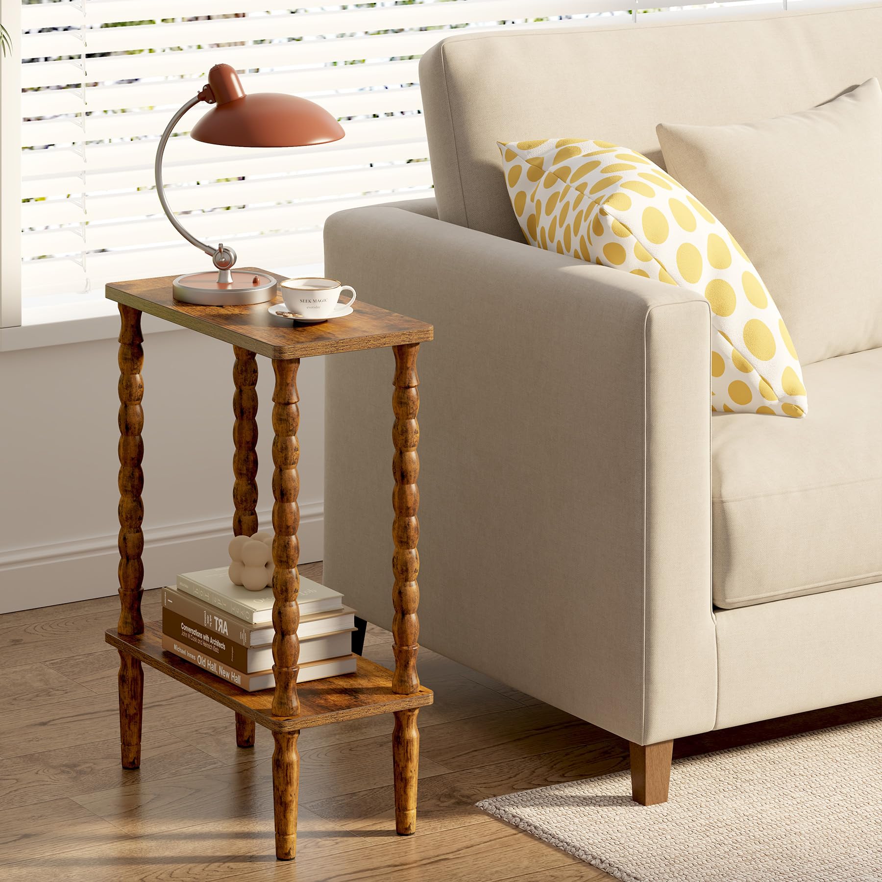 TUTOTAK Narrow Side Table, 2-Tier Small End Table with Storage, Slim Skinny Nightstand for Small Spaces, Living Room, Bedrooms, Rustic Brown TB01BB001EU
