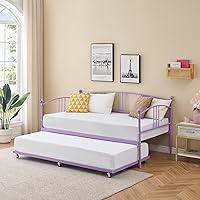 IDEALHOUSE Twin Daybed with Trundle: Metal Frame Pull-Out Bed on 6 Casters, Steel Slat Support Sofa Bed for Bedroom, Living Room, Guest Room (Purple)