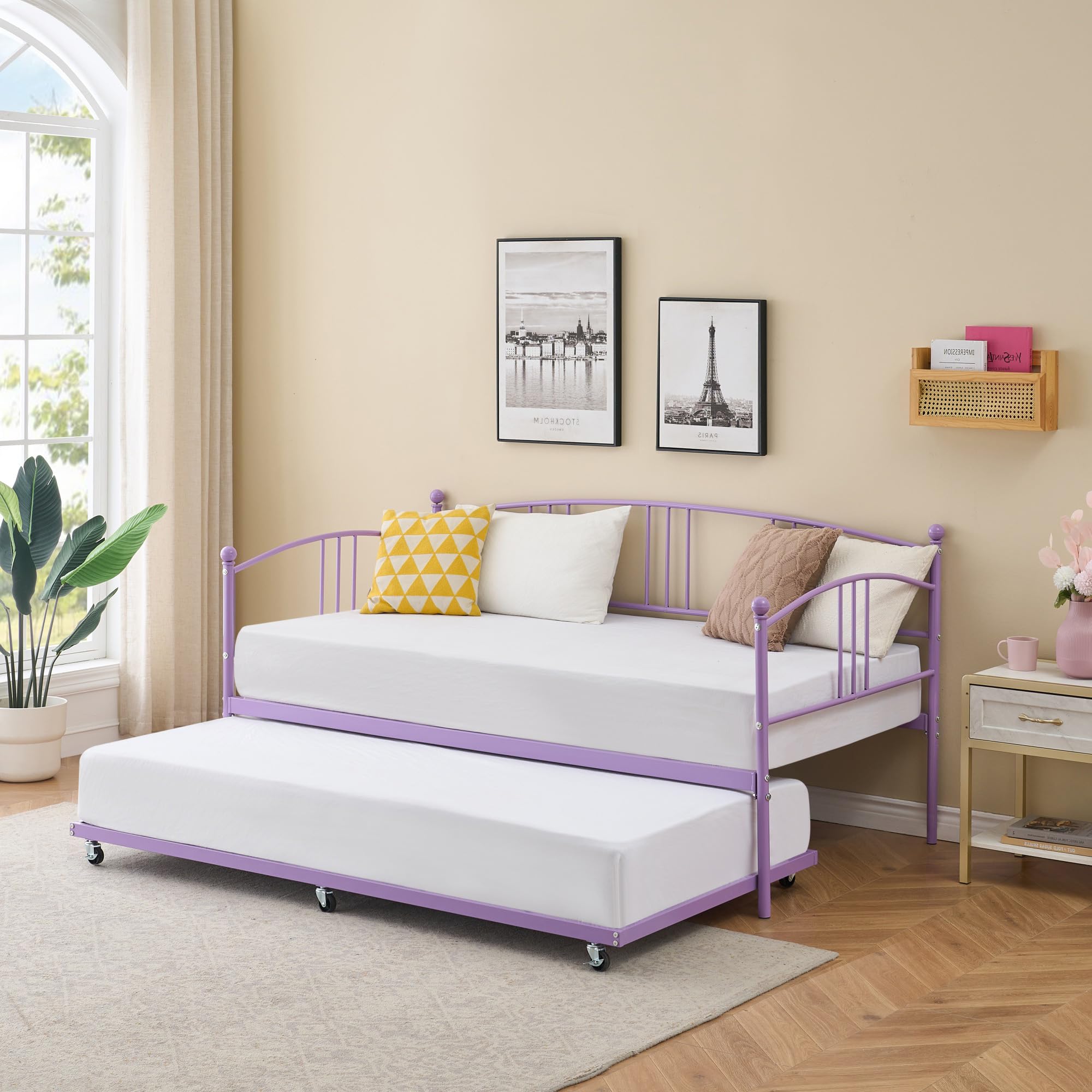 idealhouse twin daybed with trundle, metal twin size daybed with pullout trundle 6 casters, steel slat support sofa bed for living room, bedroom, guest room (purple box badly damaged )