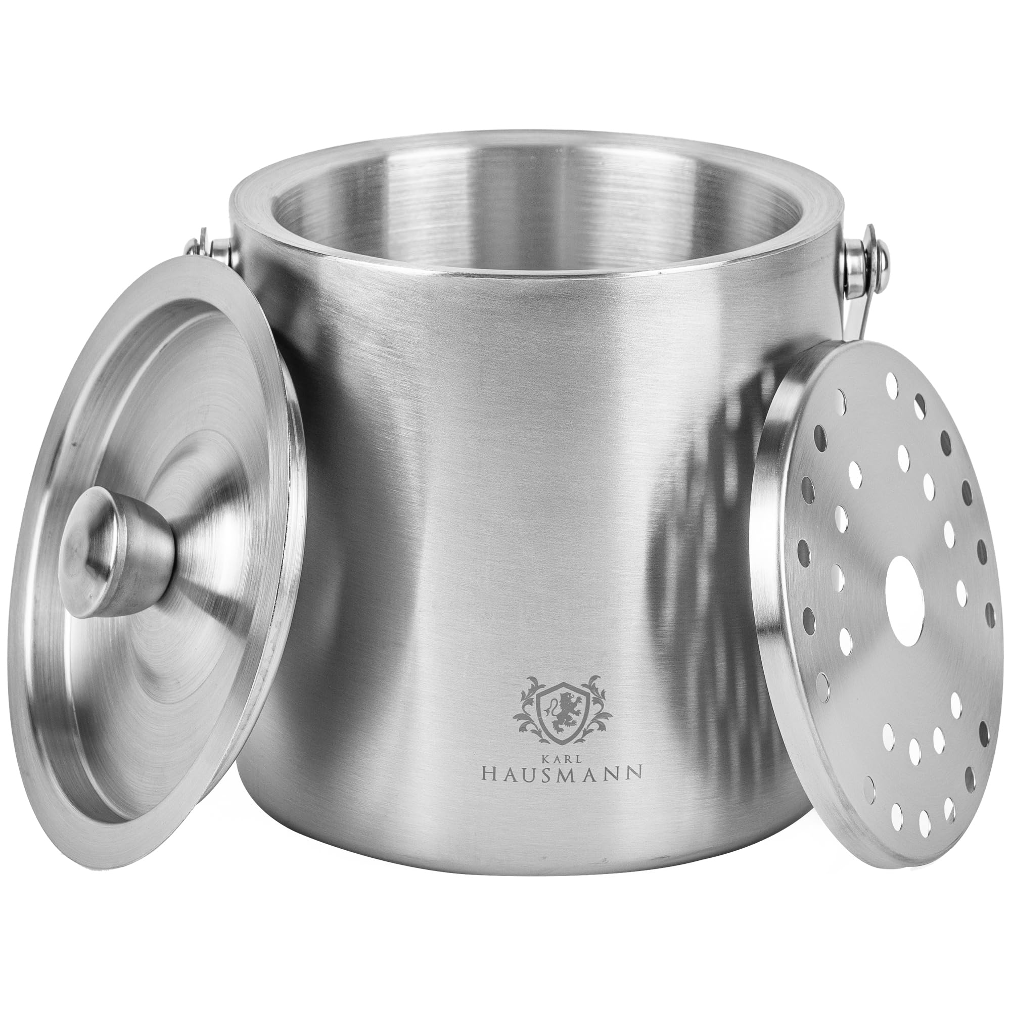 KARL HAUSMANN Seau a Glacon 1,3L avec Couvercle, Pince et Égouttoir - Seau à Glaçons Inox Argent Double Paroi Isotherme, Garde les Glaçons Secs, Idéal Cocktails, Bar, Apéritif