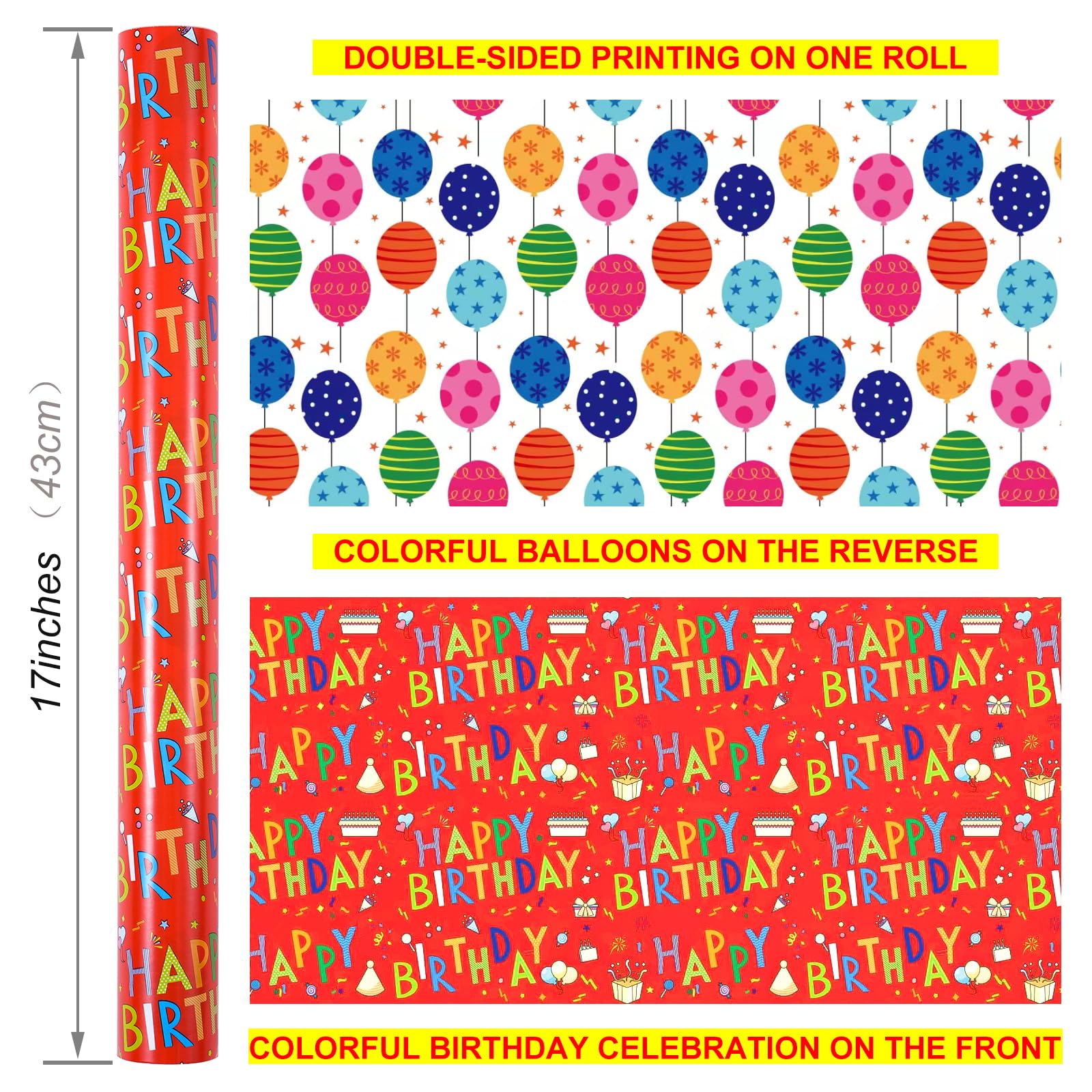 Ulmasinn Papel de regalo de cumpleaños reversible – Mini rollo – 17 pulgadas x 33 pies JTSR4645