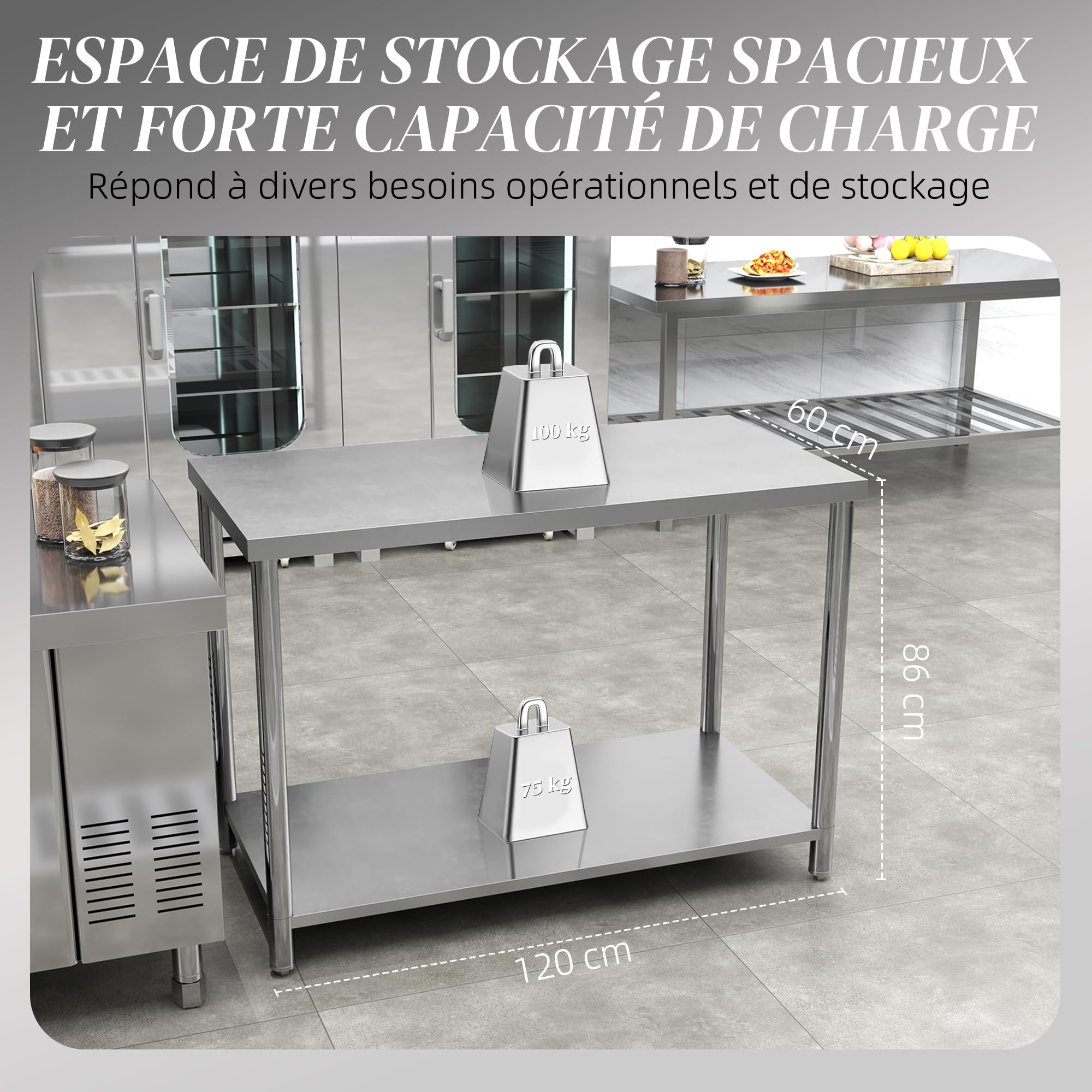 HOMCOM Mesa Preparación Acero Inoxidable 24x47x34 Pulgadas con Estante | Mesa de trabajo metálica, banco de trabajo, para hotel, cocina, garaje, patio trasero