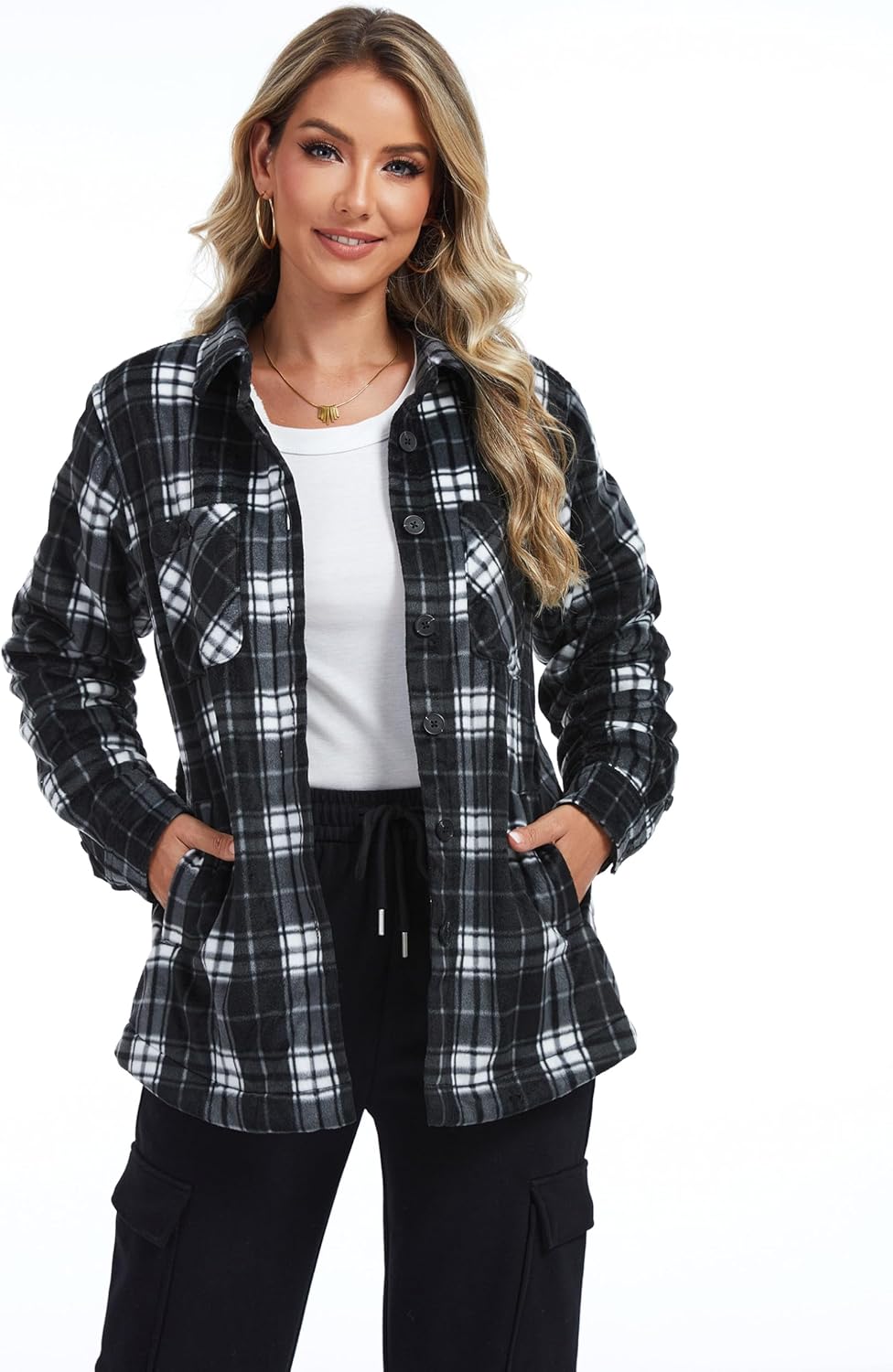 YUCOLEN Women's Sherpa Fleece Lined Plaid Flannel Jacket Warm Button Down Winter Flannel Shirt Jacket Coat with Pockets - Image 2