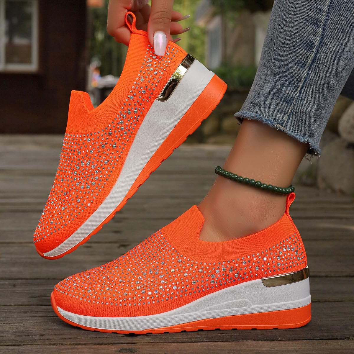 Scarpe da ginnastica da donna con zeppa in rete con strass glitterati, traspiranti, alla moda, casual, antiscivolo, comode, ortopediche, leggere, con supporto per arco plantare