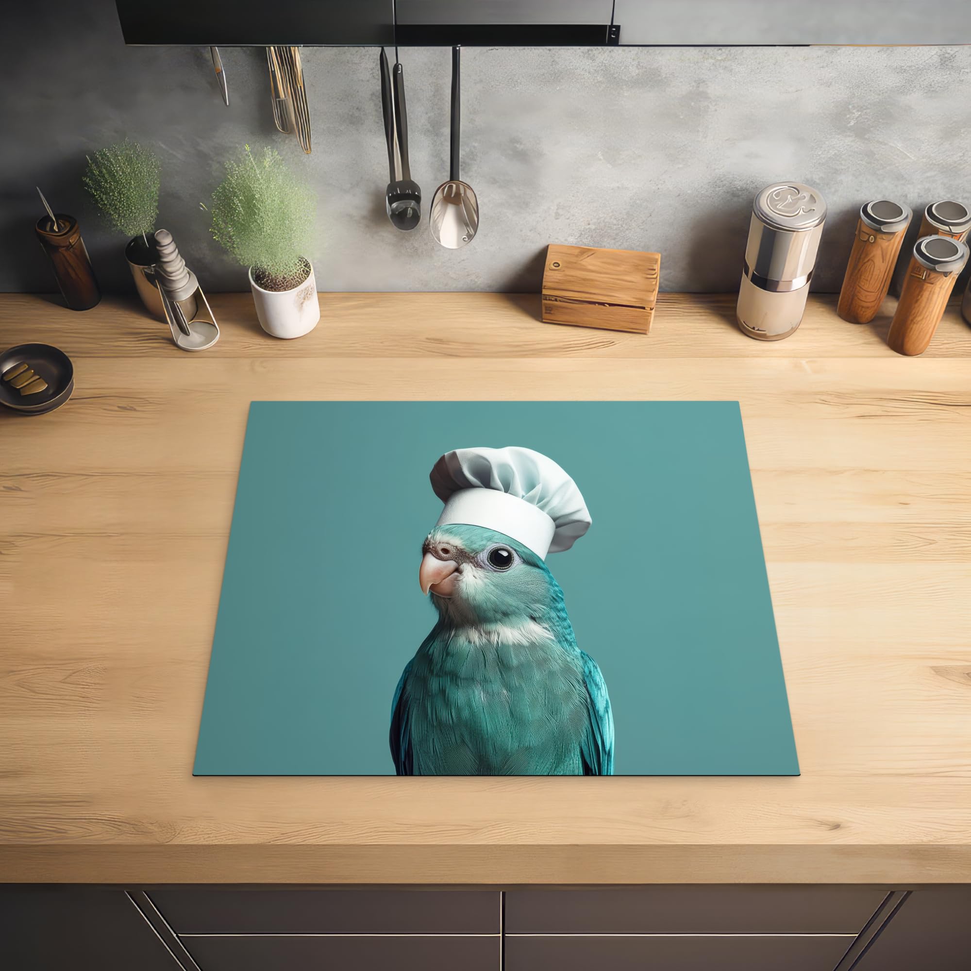 KitchenYeah Protection Plaque Induction 59x52 cm Protege Cuisine Cache Protège Cuisson Accessoires Perruche Oiseau Toque Chef Mignon
