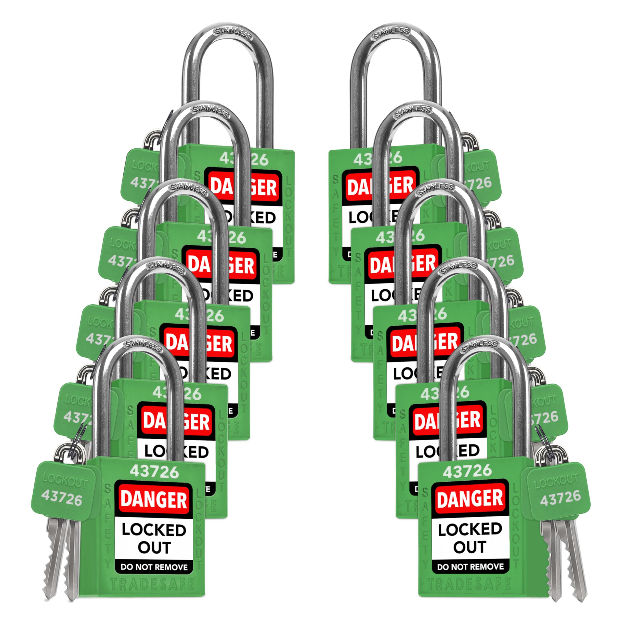 TRADESAFE Juego de cerraduras de bloqueo – 10 candados verdes con llave igual, 2 llaves por cerradura, cerraduras Loto compatibles con OSHA para estaciones de etiquetado de bloqueo, grado premium