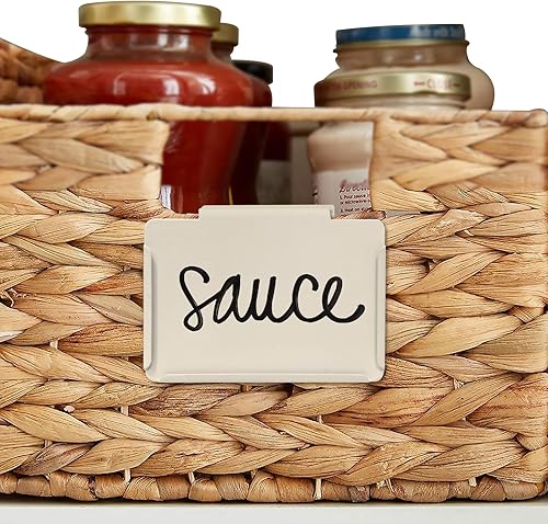 Paquete de 8 etiquetas de metal para despensa con clip para contenedores de almacenamiento con 2 marcadores de tiza blanca cestas de organización y