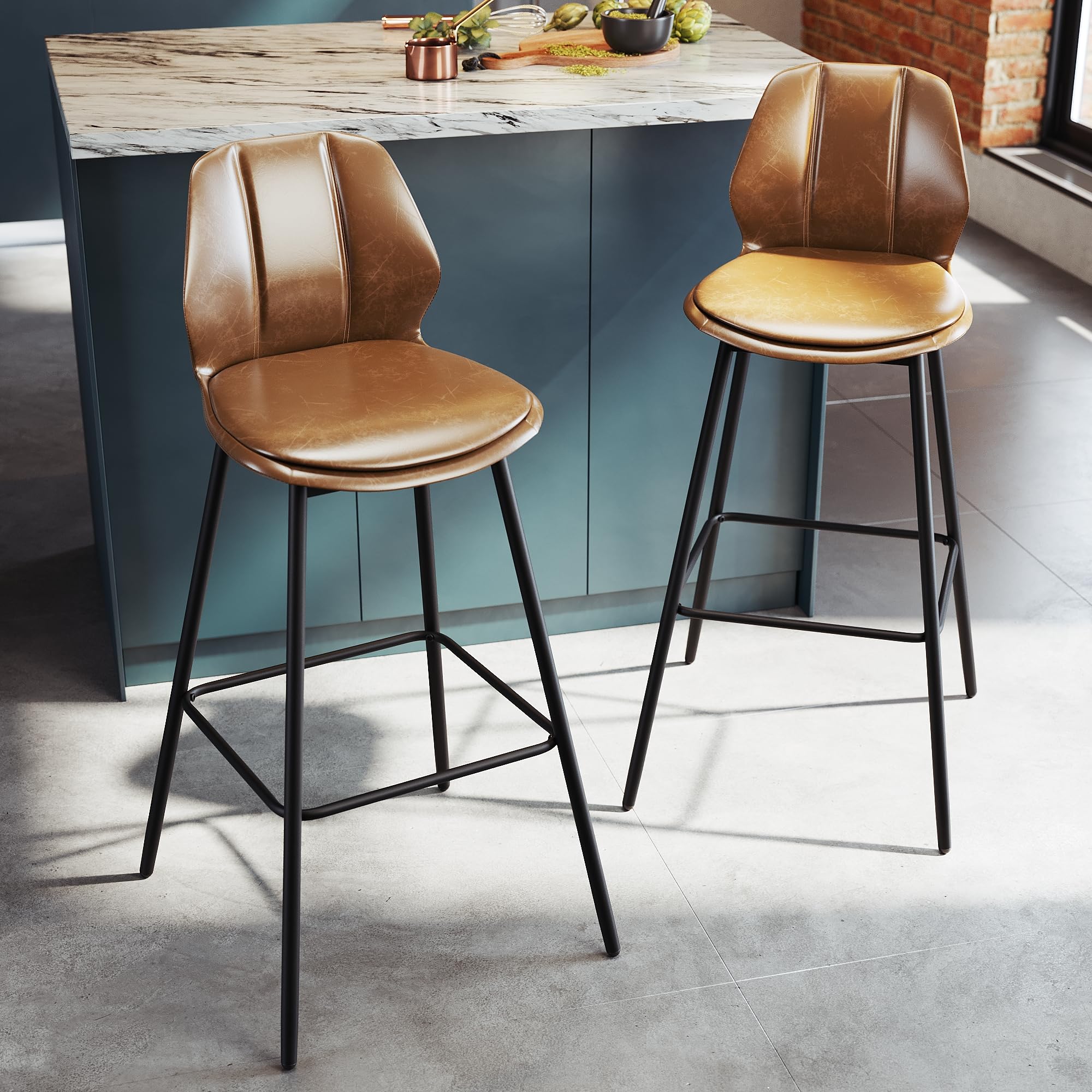 SONNI Barhocker 2er Set, Barstühle, Küchenstühle mit Rückenlehne und Fußstütze, robuster Metallrahmen, gemütliche PU weiche Sitzfläche, für Bar, Küche, Esszimmer, Sitzhöhe 102 cm, Braun