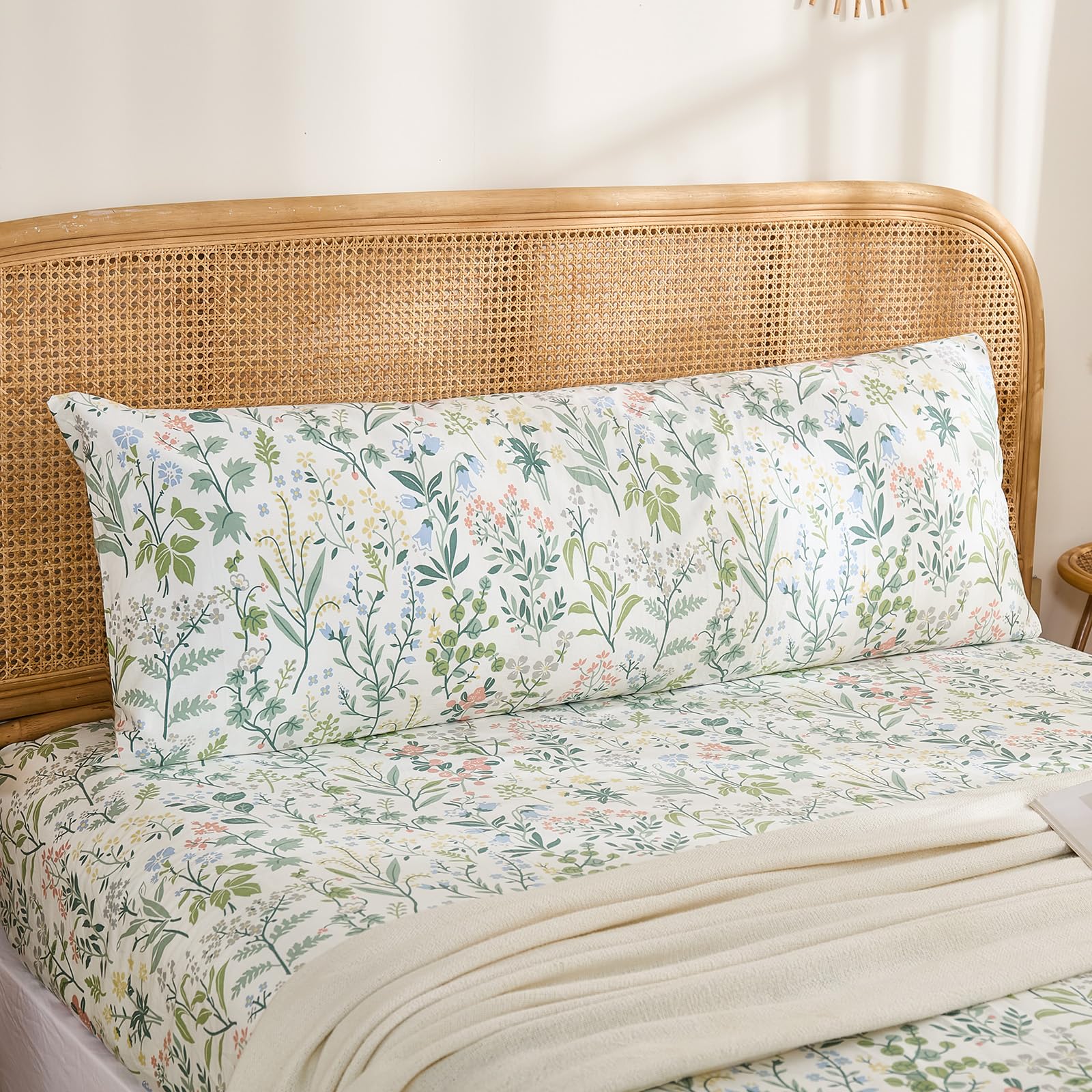 Herside Body Pillowcase 100% Cotton Pillow case, 1-Piece Fresh Green Botanical Bloom Pillow Cover, Smooth Cooling Envelope Closure Pillow Case Set (Body, 50x137cm)