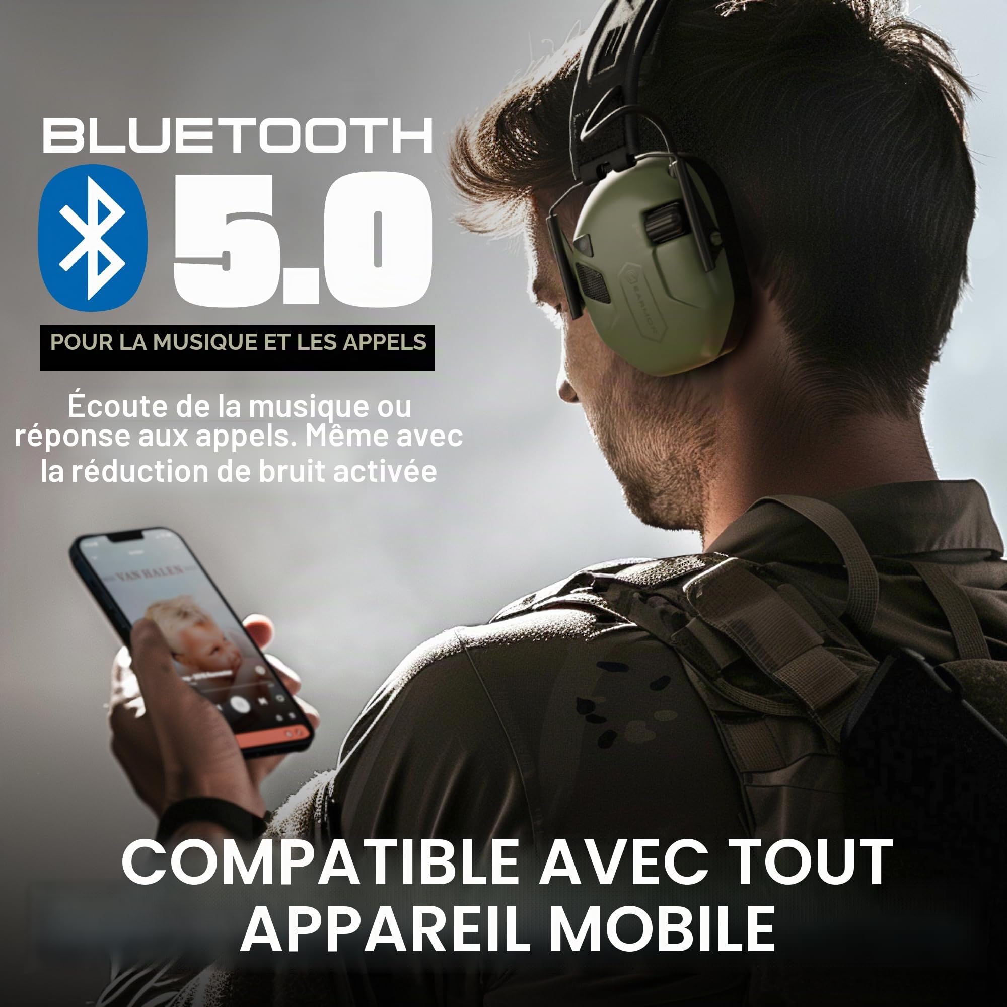 Earmor M300T Protection auditive électronique avec Bluetooth Protection auditive Protection auditive Protection auditive pour la chasse et le tir Valeur d'isolation SNR 29 dB Régulation dynamique du