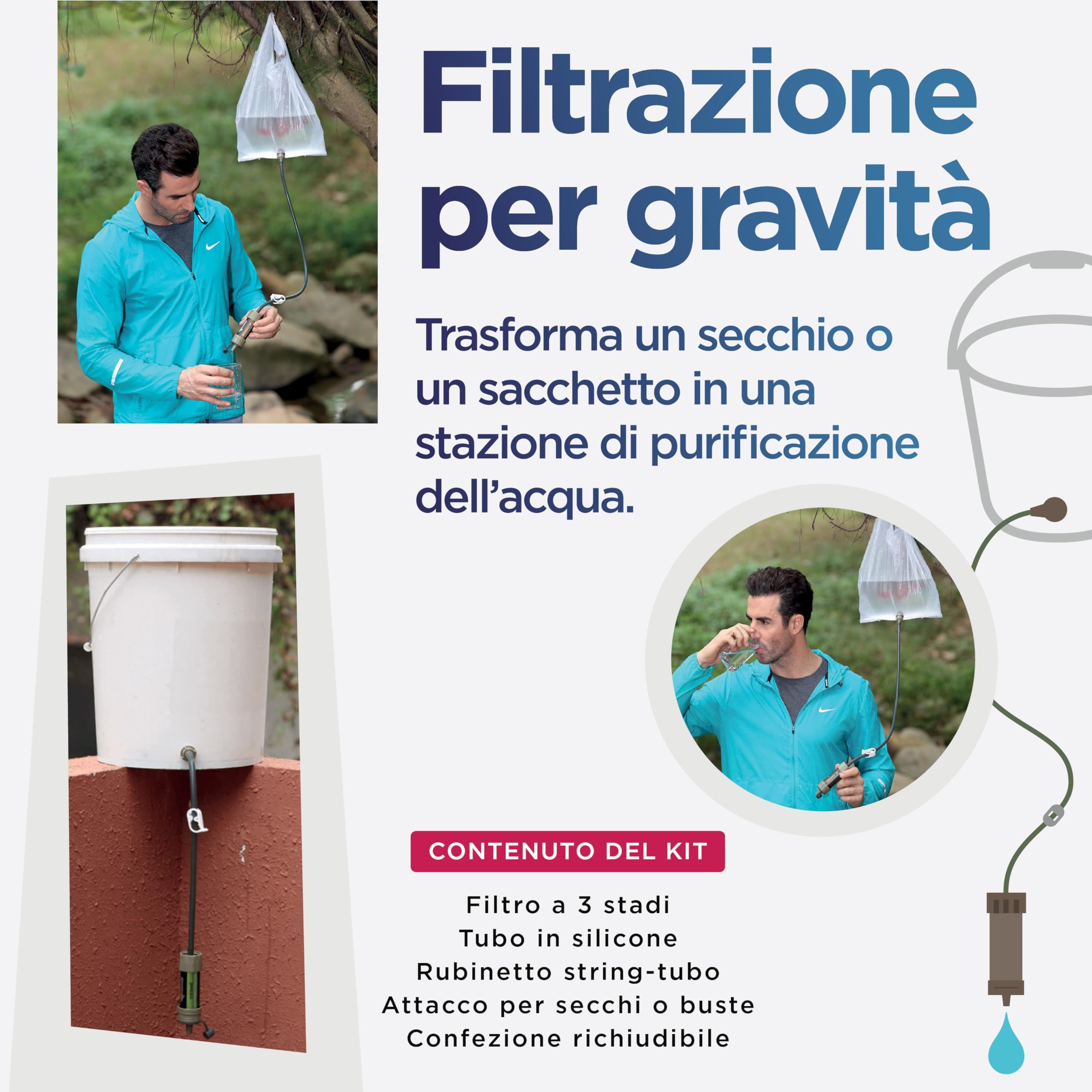 Waterflow 3 Stadi - Filtro Acqua per Escursionisti e Kit Sopravvivenza, Depuratore, Purificatore, Potabilizzatore - Rimozione Batteri al 99,9%