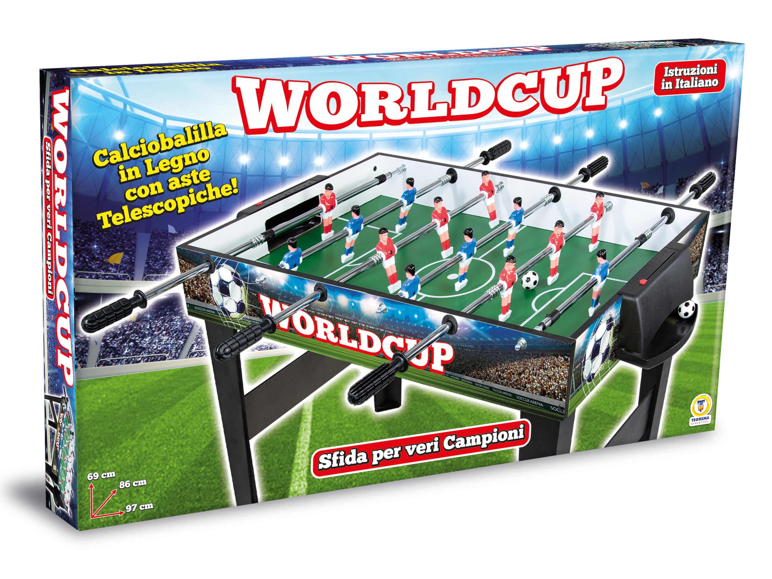 Teorema Giocattoli, calcio balilla edizione worldcup, biliardino da casa con 2 palline e segnapunti e aste telescopiche, tavolo calciobalilla per adulti e bambini, altezza 69 cm