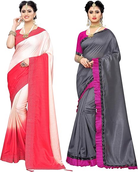 Amazon Peegli Saree インドの女性のピンクとグレーの Saree パック 2つのサナとゾヤのシルク Saree とブラウスのピース ギフト用 シャツ ブラウス 通販