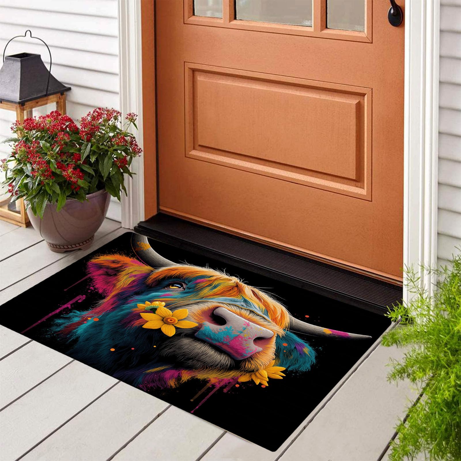 Graffiti Highland Cattle Flowers Welcome Door Mat Farmhouse Animals Washable Indoor Outdoor Doormat Front Door Mats Rugs Non - Slip For Entrance Bathroom Kitchen Home Decorations Black, 90X150Cm