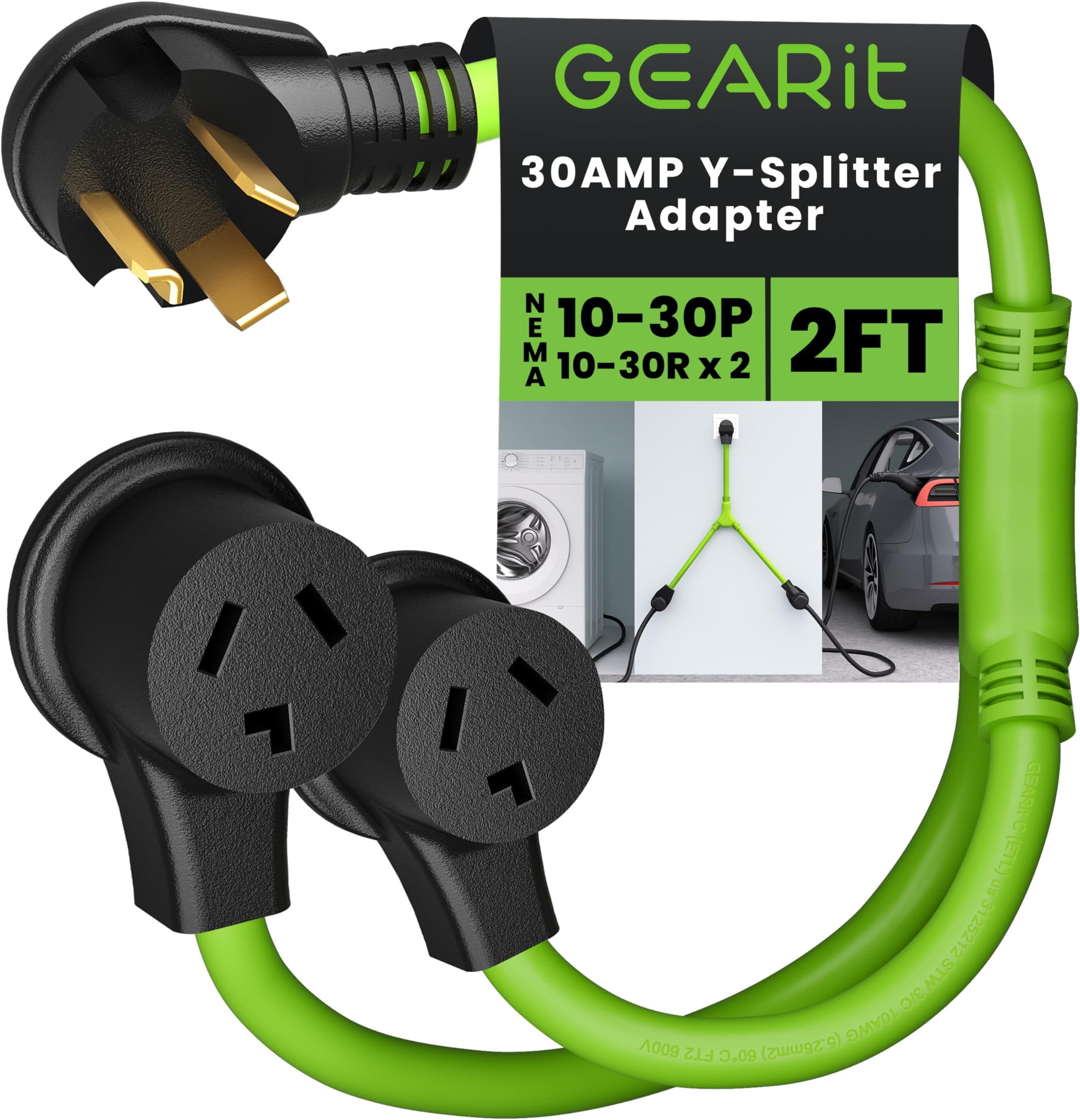 GEARit 3 Prong Dryer Y- Splitter 30 Amp NEMA 10-30P to (2) NEMA 10-30R Receptacle - STW 10AWG 3C Power Cord Adapter for Multiple Outlet Dryer Outlet and EV Charger - 2.2 Feet