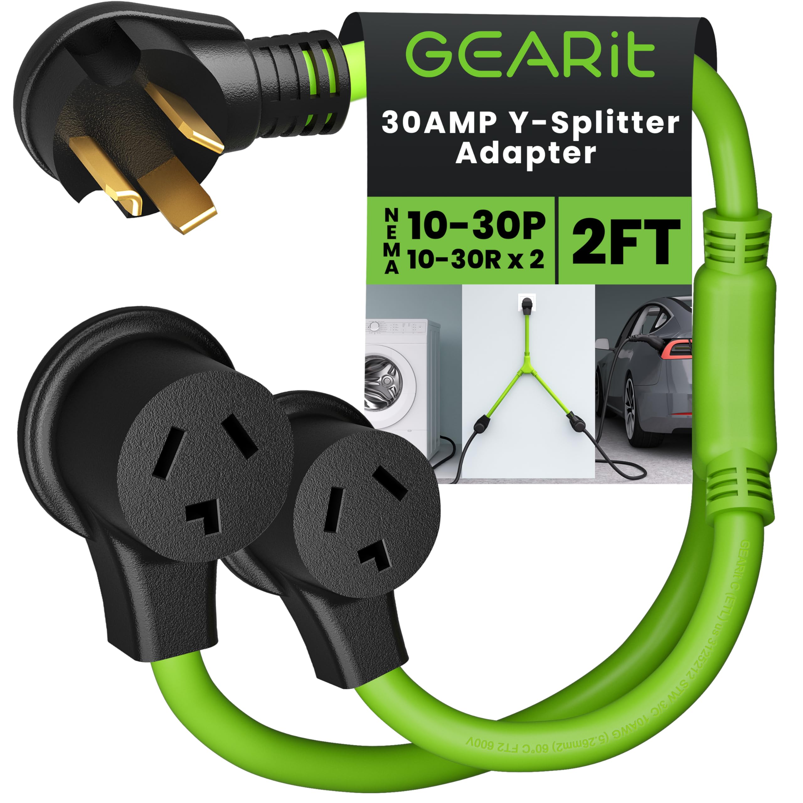 GearIT 3 Prong Dryer Y- Splitter 30 Amp NEMA 10-30P to (2) NEMA 10-30R Receptacle - STW 10AWG 3C Power Cord Adapter for Multiple Outlet Dryer Outlet and EV Charger - 2.2 Feet