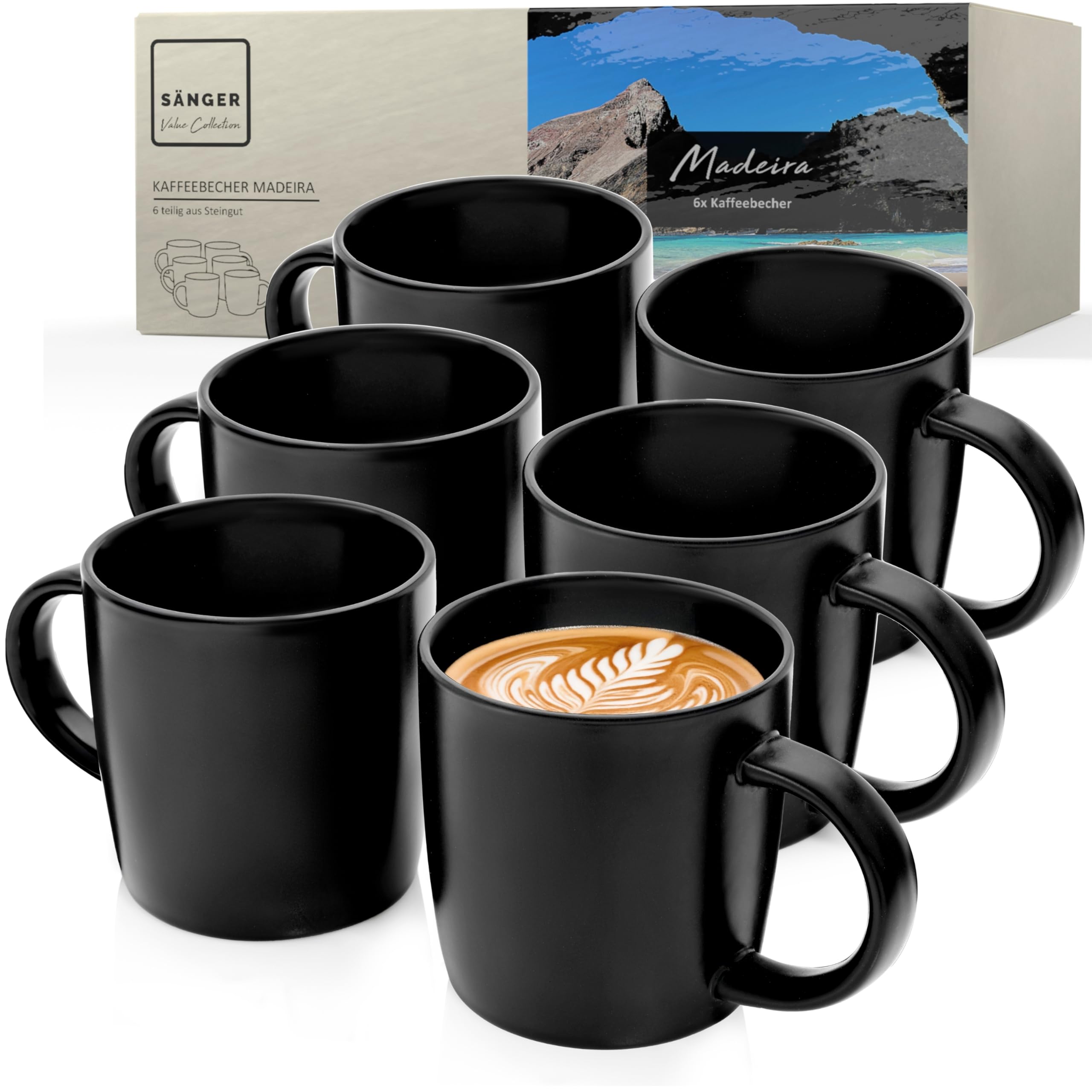 Sänger Madeira | Kaffeebecher 6 Personen, Steingut Kaffeetassen Set 6er, Tassen Set Teetasse Set spülmaschinenfest mikrowellenfest, Coffee Mug multifunktional schwarz matt 350 ml | VALUE COLLECTION