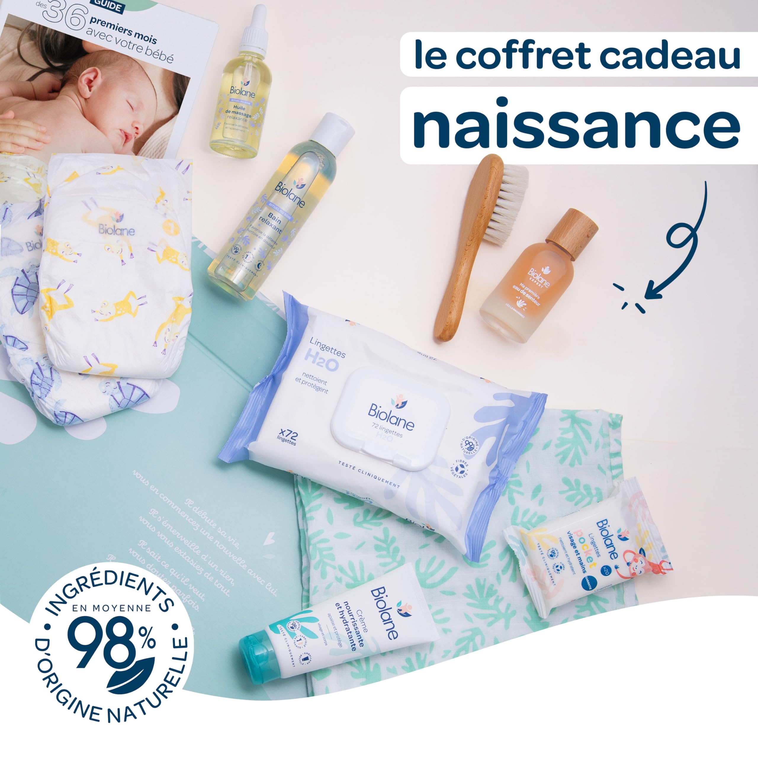 BIOLANE Coffret Cadeau Naissance 10 Essentiels Bébé Couches Lingettes H2O Lange Doux Soins Eau de Toilette Complet