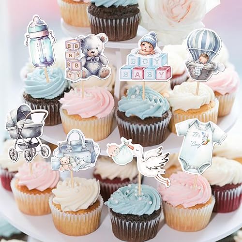 Miniatura 4 de 24 piezas de decoración para cupcakes para niños o niñas, pies con purpurina rosa o azul, pajarita, para revelación de género, decoración de