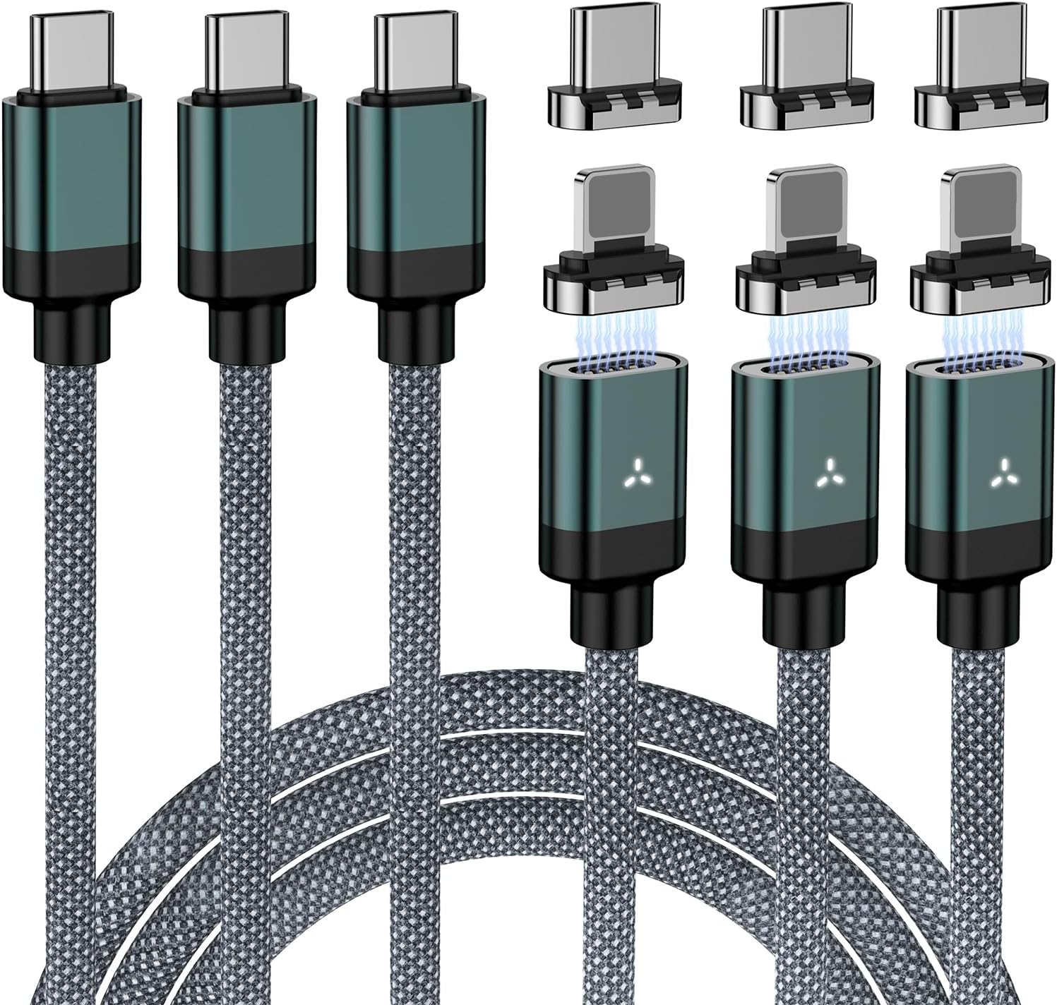 ZBF 100W USB C Magnetic Charging Cable, 2 in 1 Charger Cable for Type C(3 Pack, 4/6.6/6.6FT) 480Mbps Data Transfer, 5A Fast Charging for Phone 17 16 15,14,13 Pro Max, MacBook Pro,Pad,Galaxy S22,Pixel