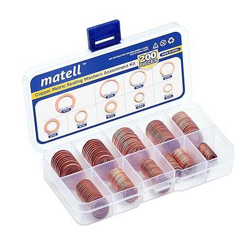 matell Juego surtido de 200 arandelas métricas de sellado de cobre de 9 tamaños, arandelas planas surtidas Ki, Crush washe (M5 M6 M8 M10 M12 M14)